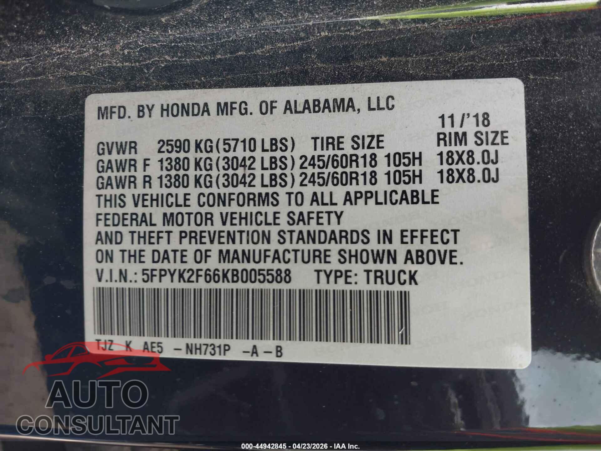 HONDA RIDGELINE 2019 - 5FPYK2F66KB005588