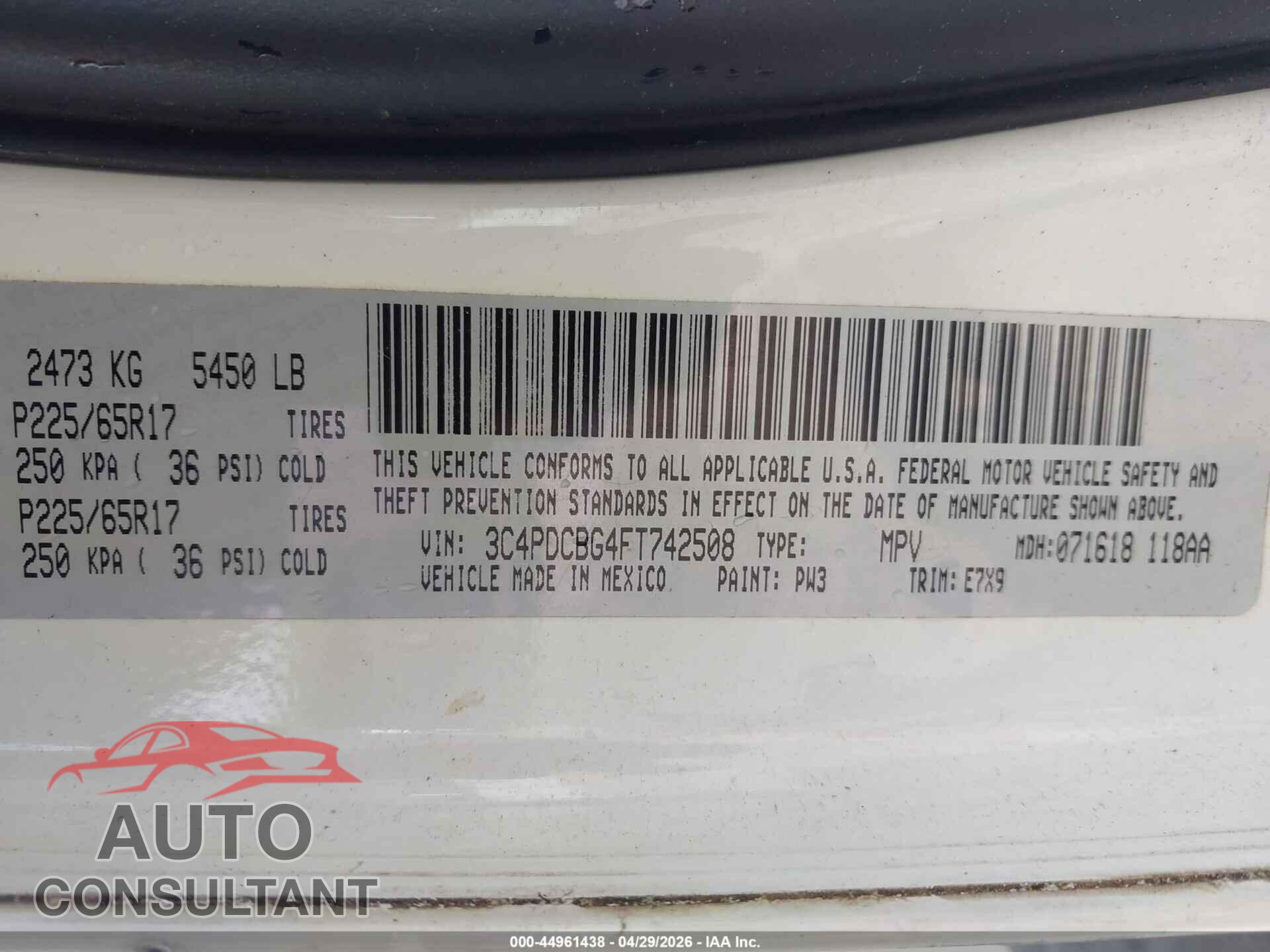 DODGE JOURNEY 2015 - 3C4PDCBG4FT742508