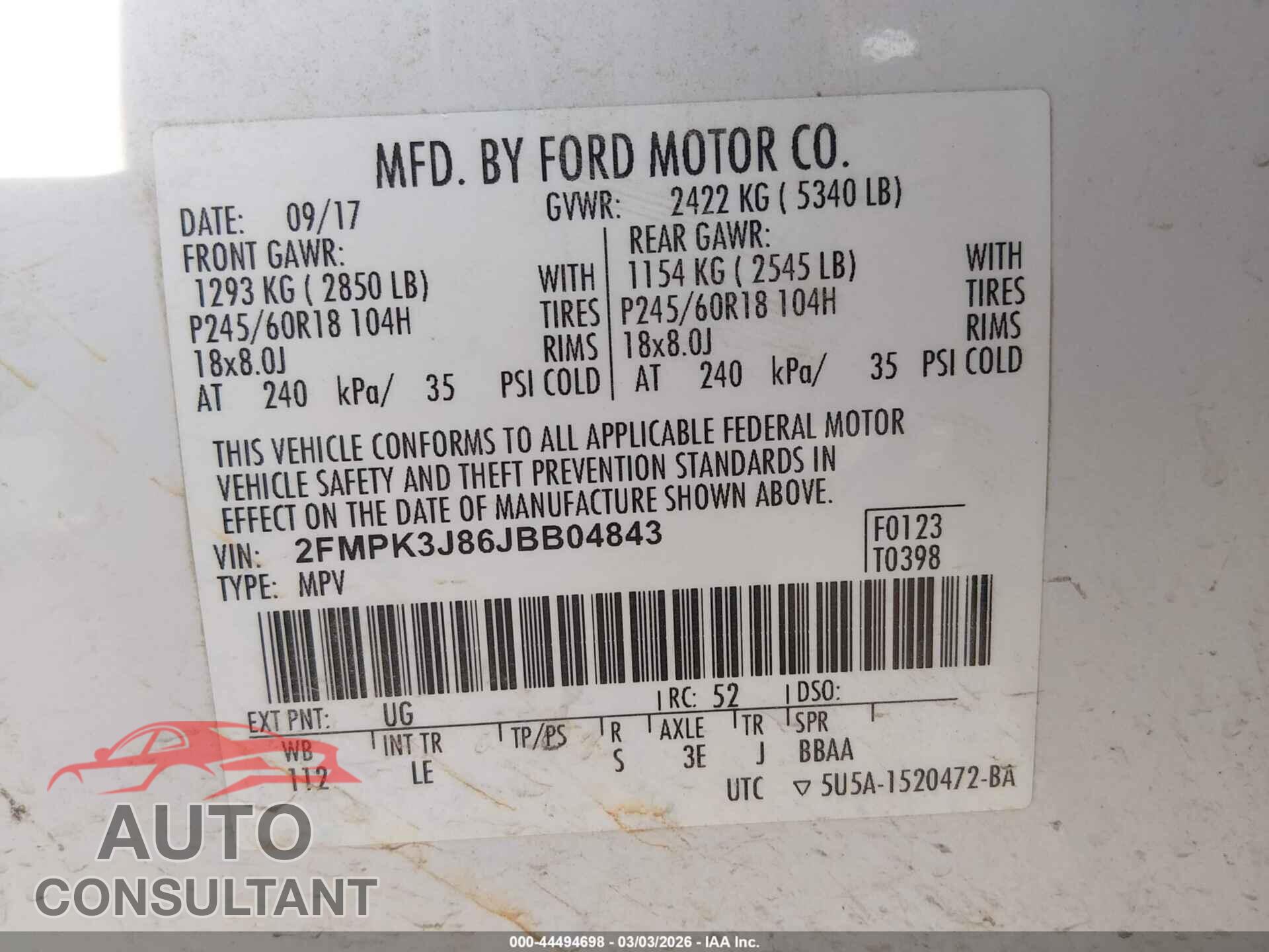 FORD EDGE 2018 - 2FMPK3J86JBB04843