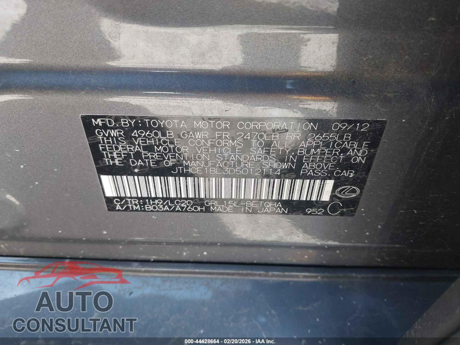 LEXUS GS 350 2013 - JTHCE1BL3D5012114