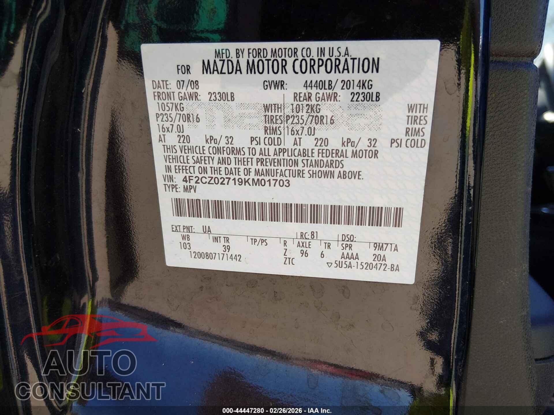 MAZDA TRIBUTE 2009 - 4F2CZ02719KM01703