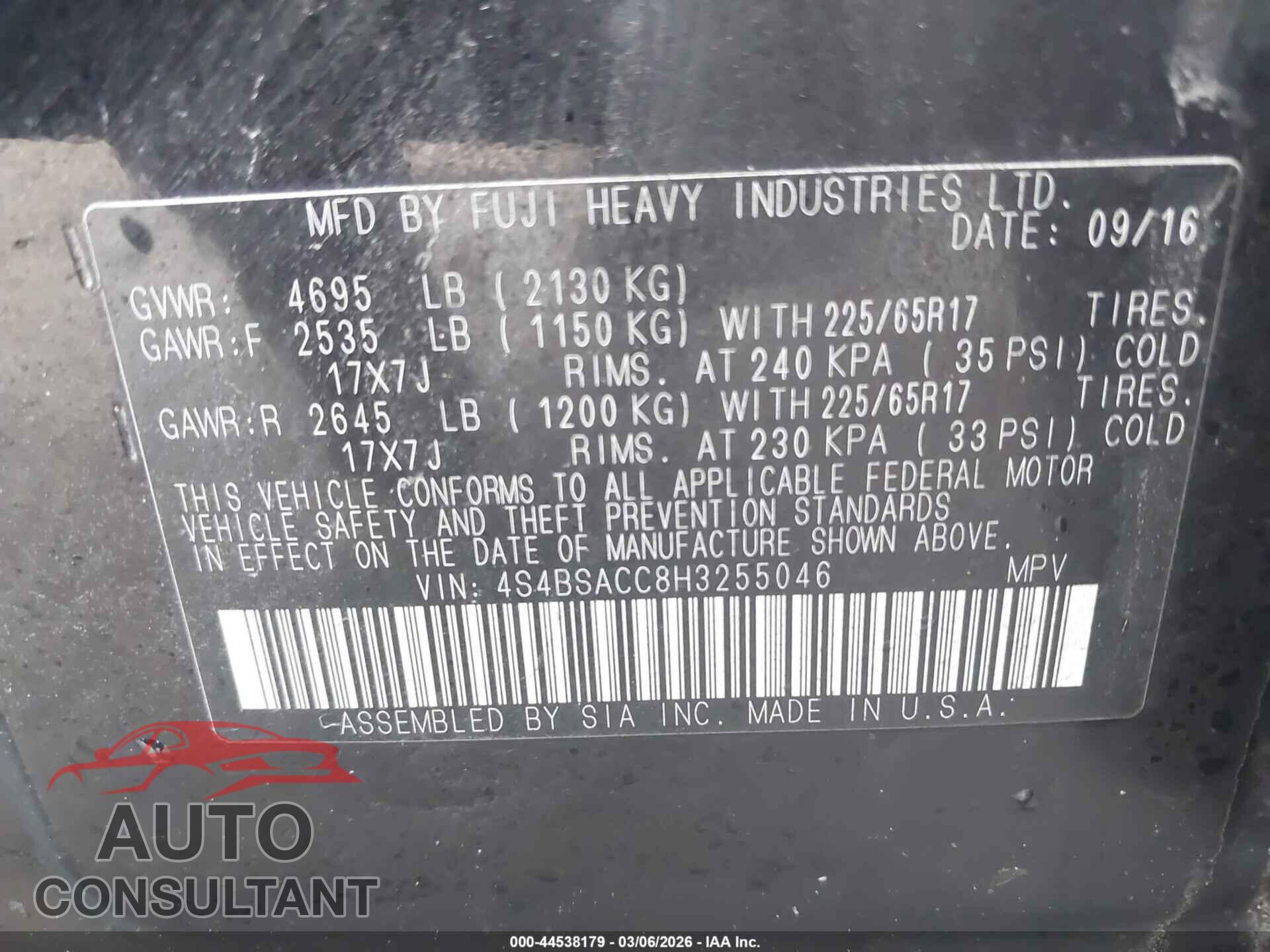 SUBARU OUTBACK 2017 - 4S4BSACC8H3255046