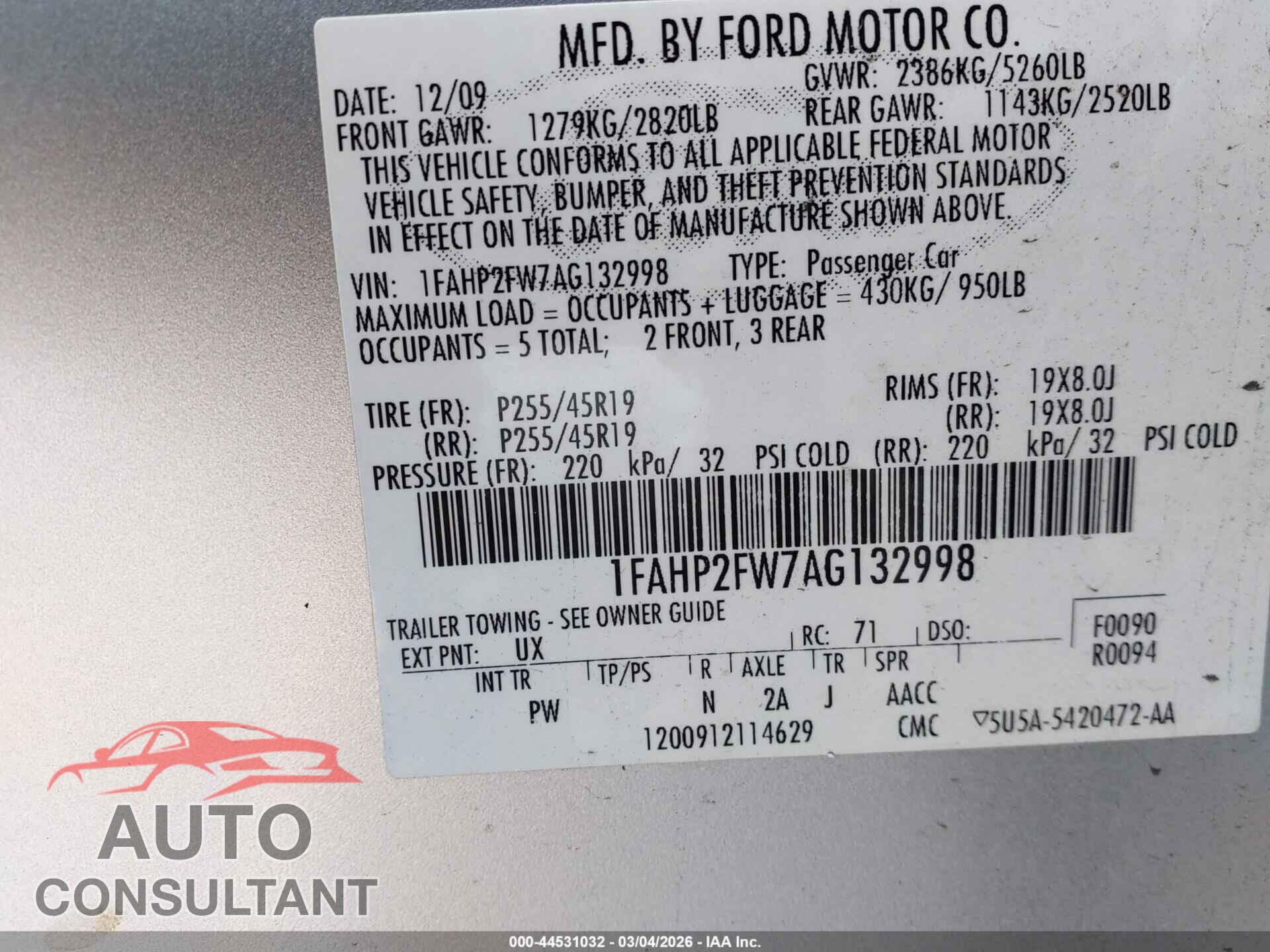 FORD TAURUS 2010 - 1FAHP2FW7AG132998