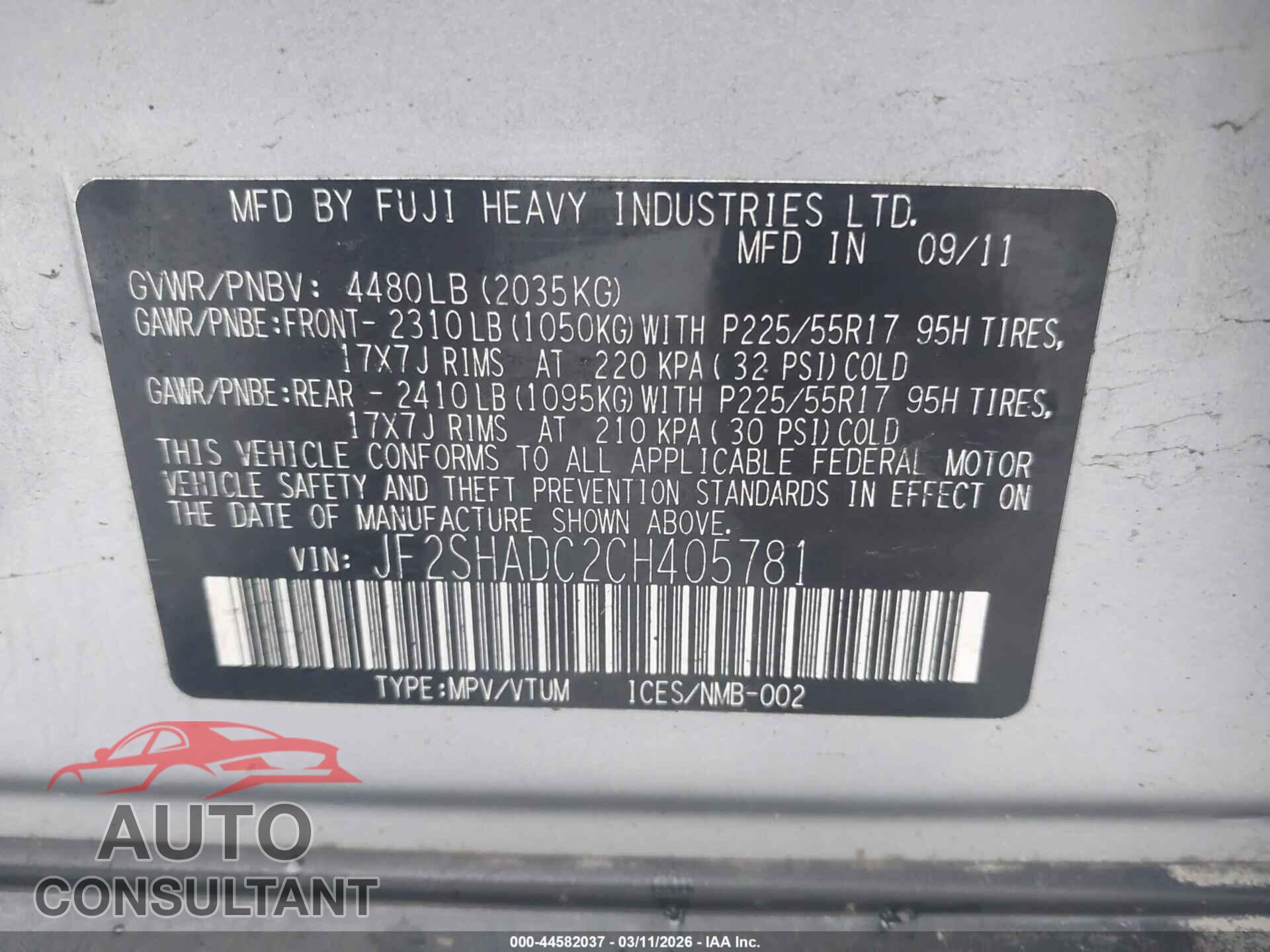 SUBARU FORESTER 2012 - JF2SHADC2CH405781