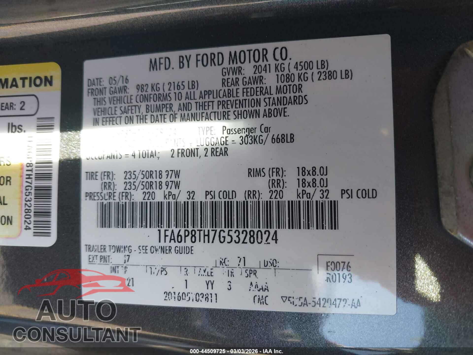 FORD MUSTANG 2016 - 1FA6P8TH7G5328024