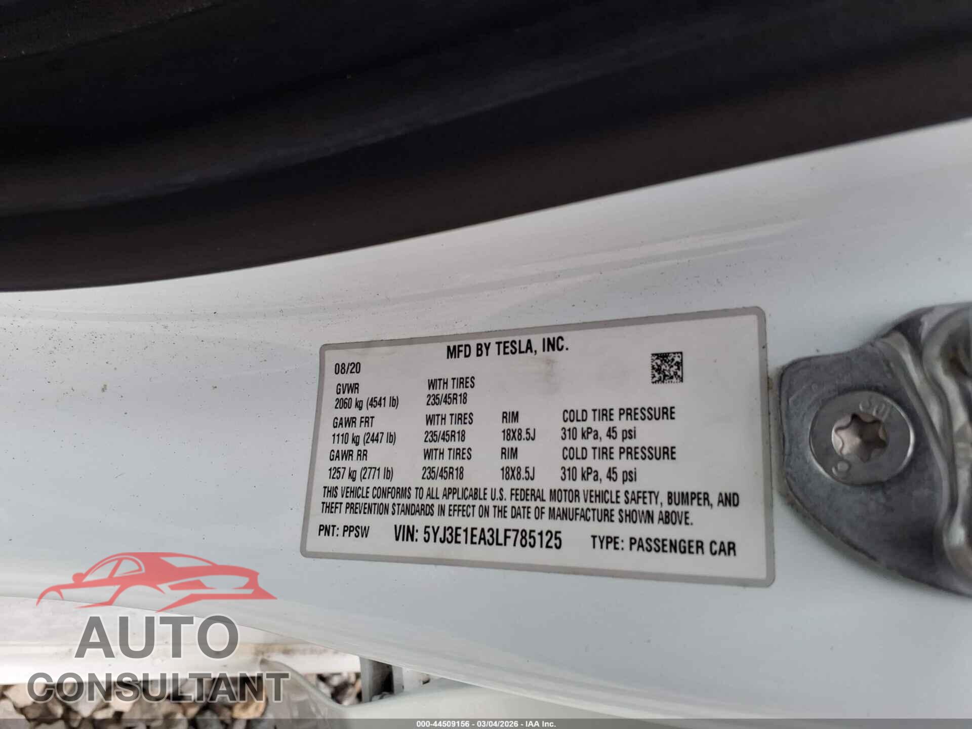 TESLA MODEL 3 2020 - 5YJ3E1EA3LF785125