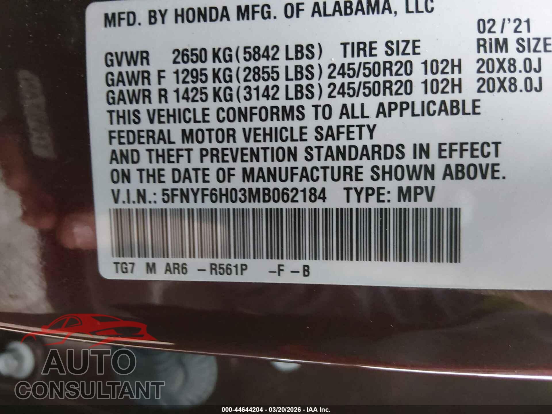 HONDA PILOT 2021 - 5FNYF6H03MB062184