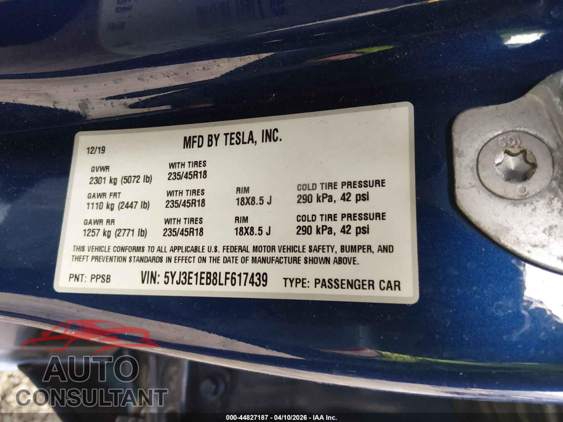 TESLA MODEL 3 2020 - 5YJ3E1EB8LF617439