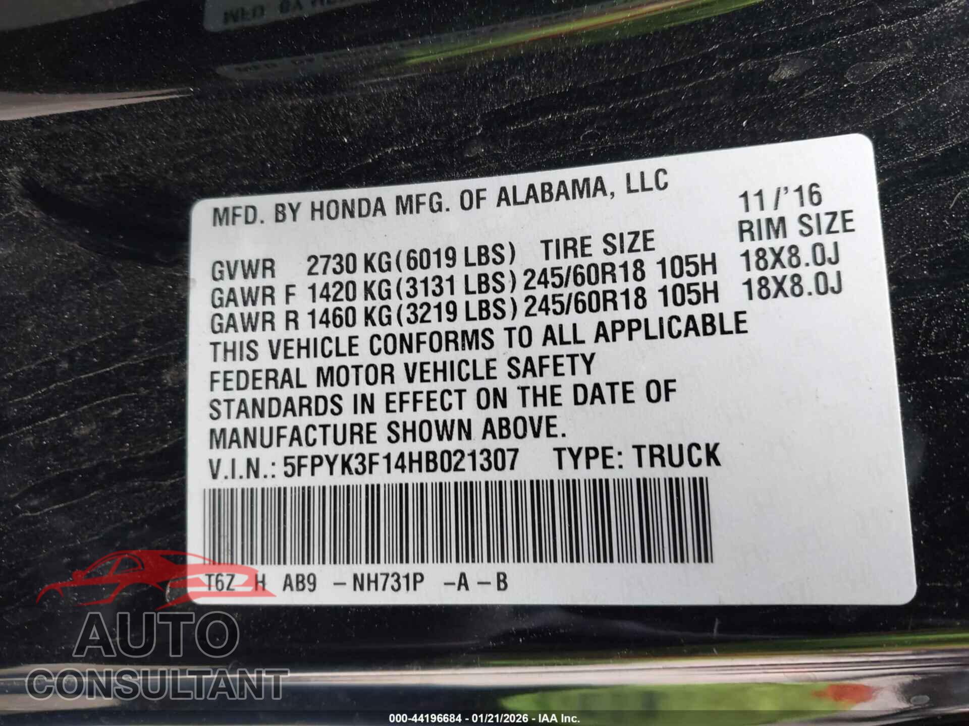 HONDA RIDGELINE 2017 - 5FPYK3F14HB021307