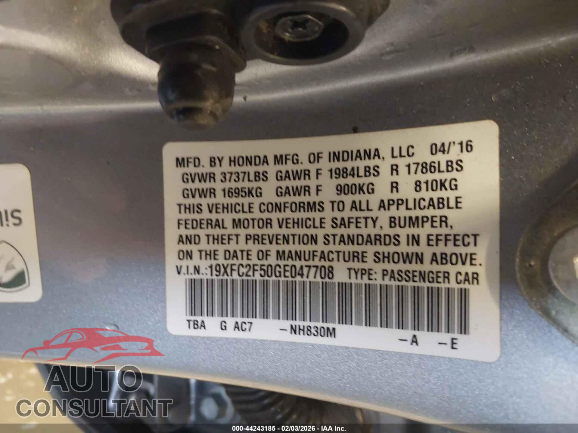 HONDA CIVIC 2016 - 19XFC2F50GE047708