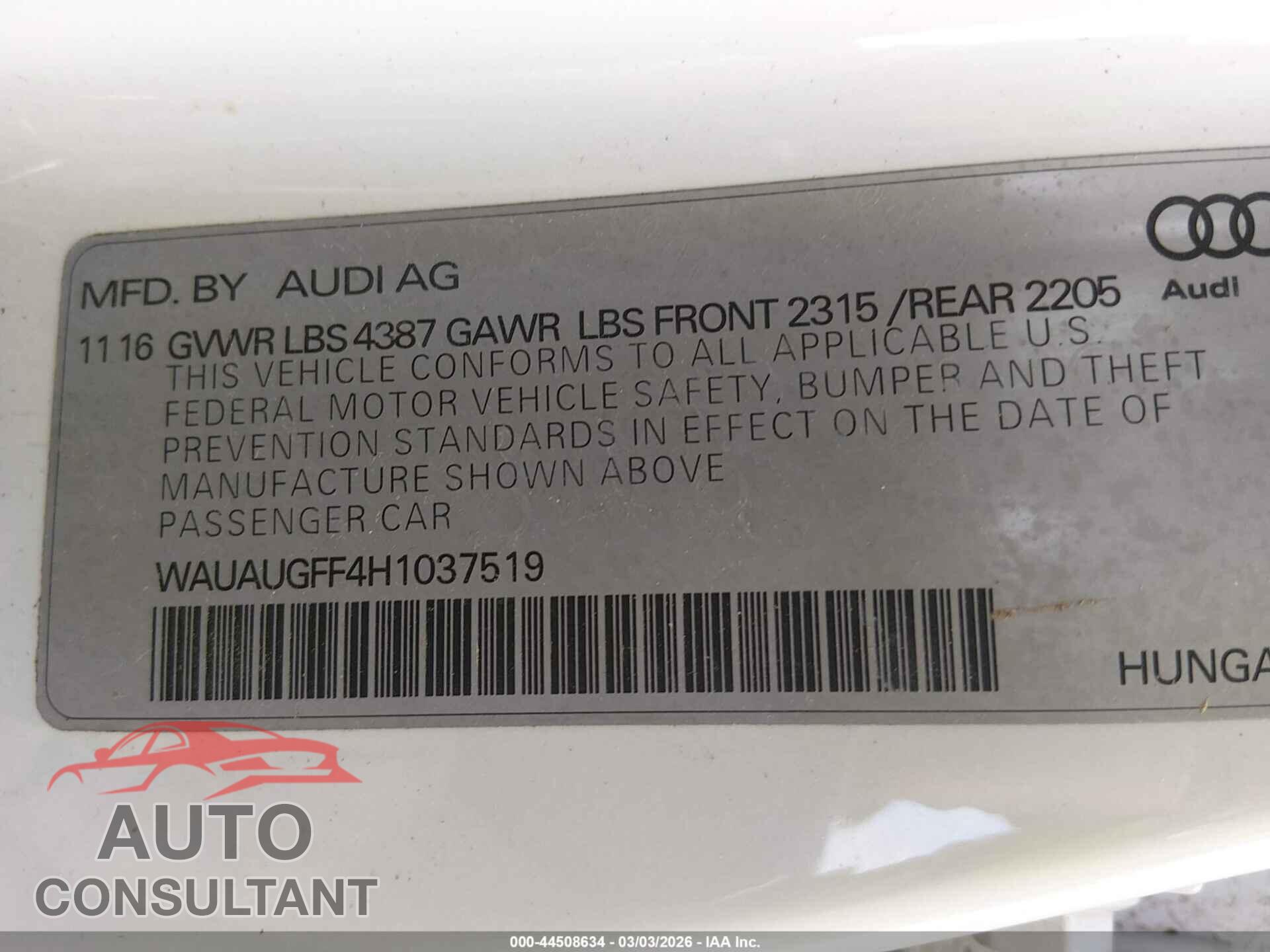 AUDI A3 2017 - WAUAUGFF4H1037519