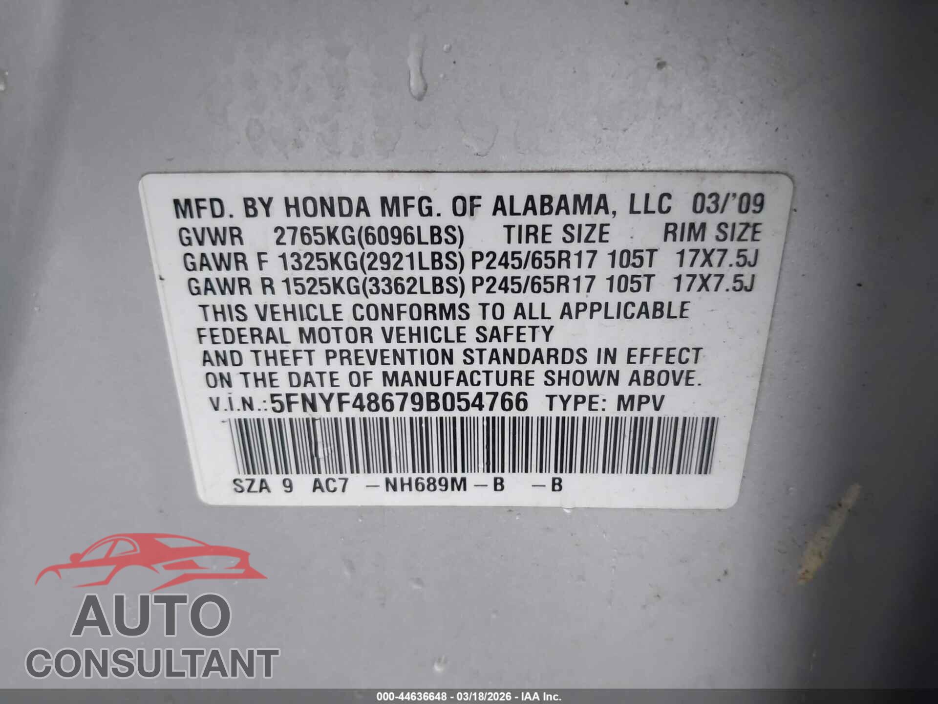 HONDA PILOT 2009 - 5FNYF48679B054766