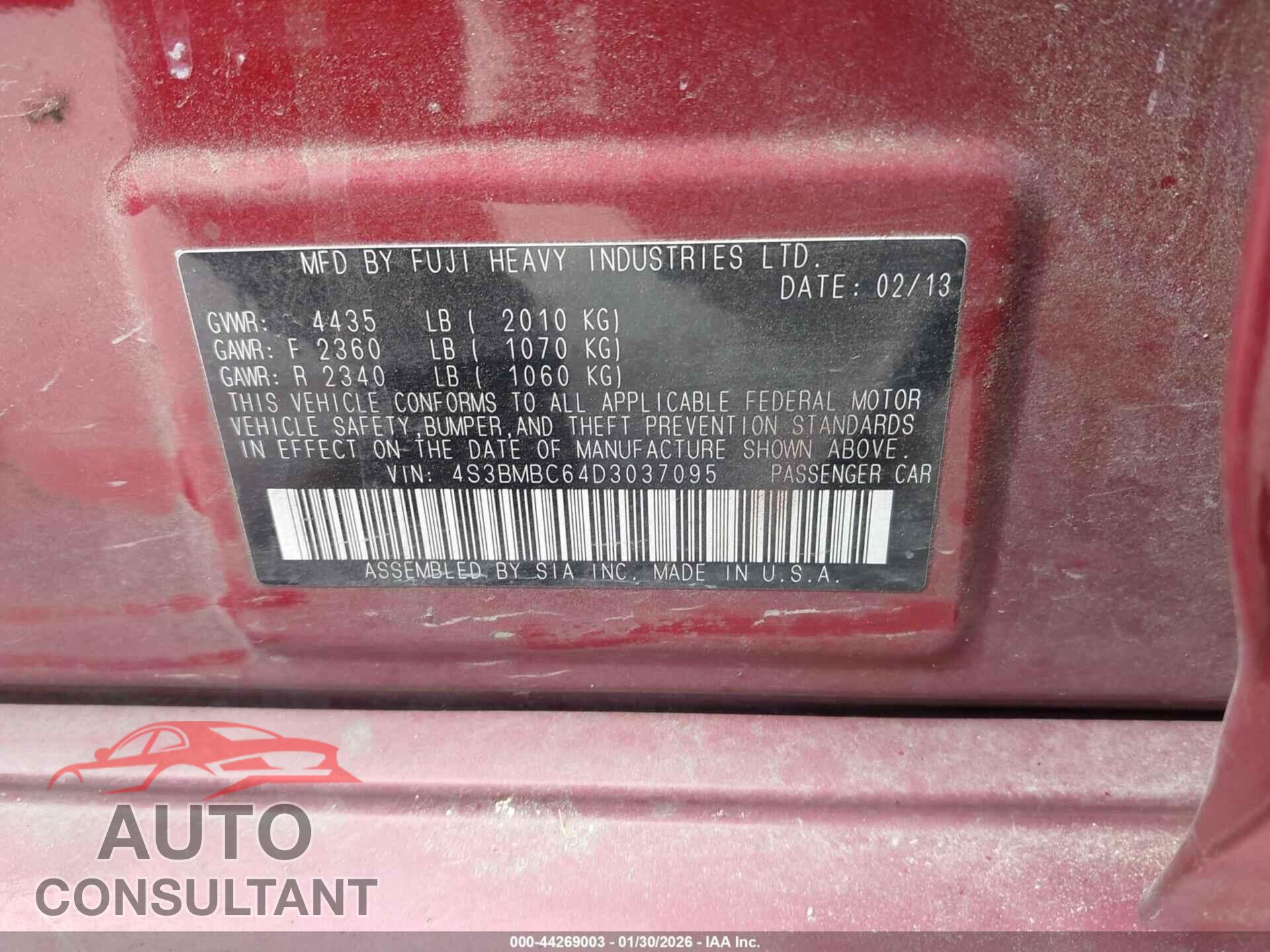 SUBARU LEGACY 2013 - 4S3BMBC64D3037095