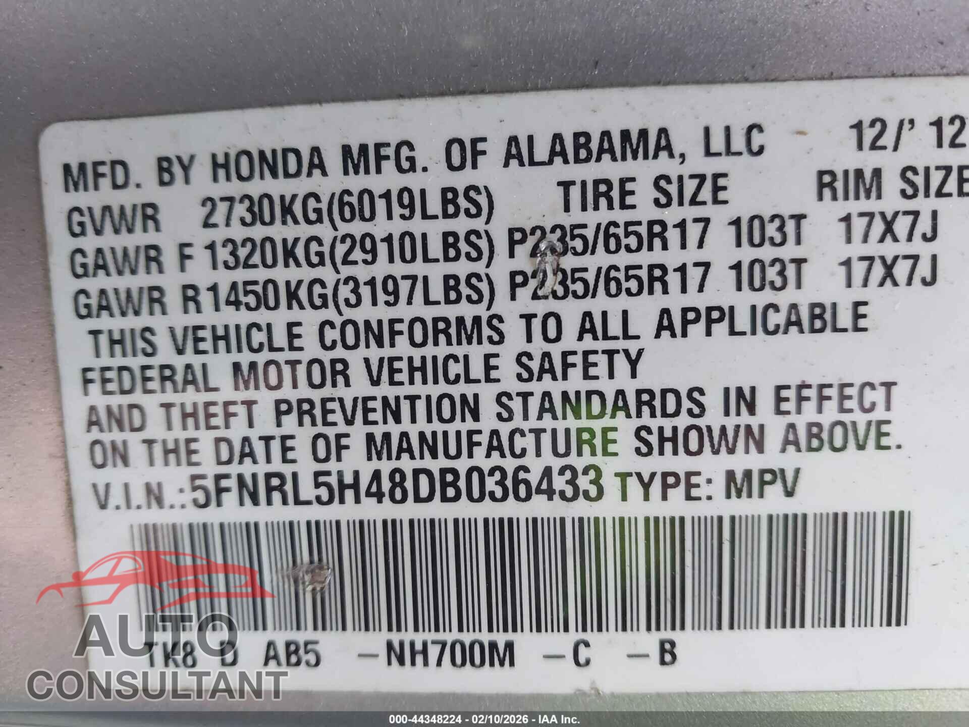 HONDA ODYSSEY 2013 - 5FNRL5H48DB036433