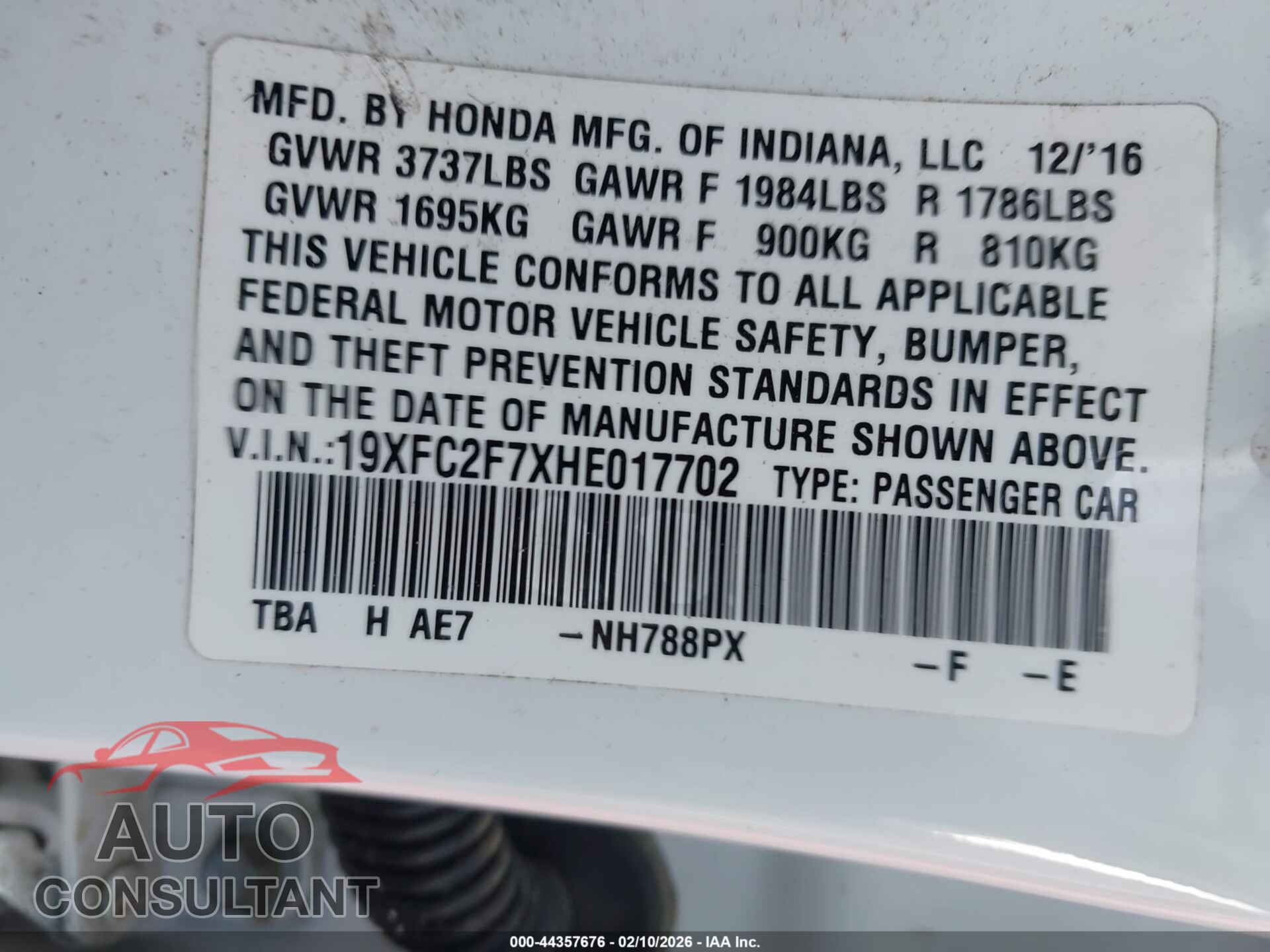 HONDA CIVIC 2017 - 19XFC2F7XHE017702