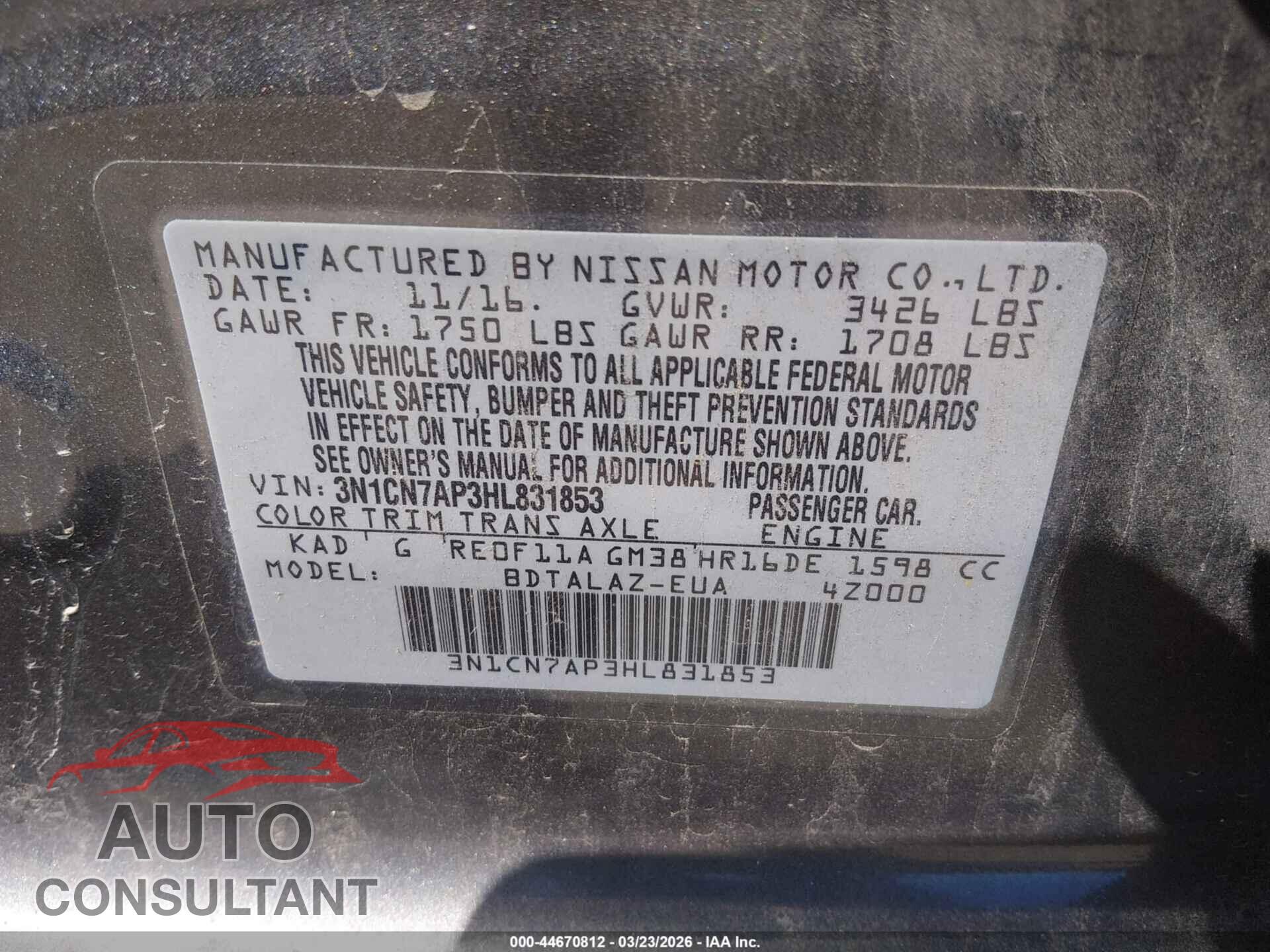 NISSAN VERSA 2017 - 3N1CN7AP3HL831853