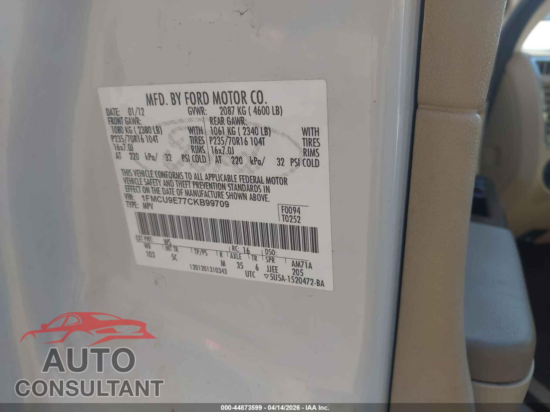 FORD ESCAPE 2012 - 1FMCU9E77CKB99709