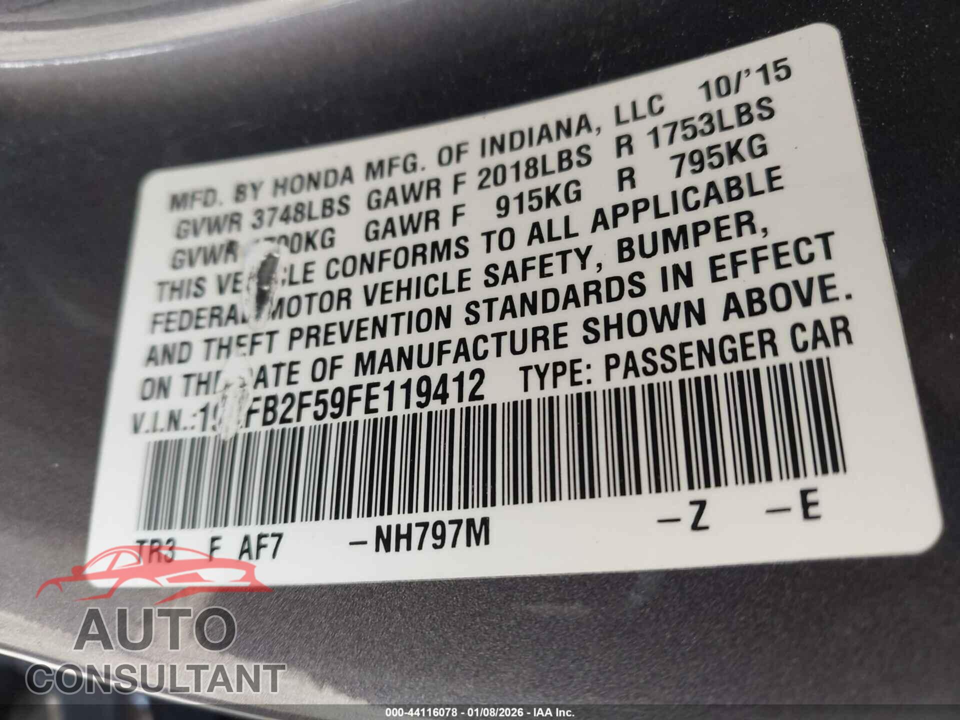 HONDA CIVIC 2015 - 19XFB2F59FE119412