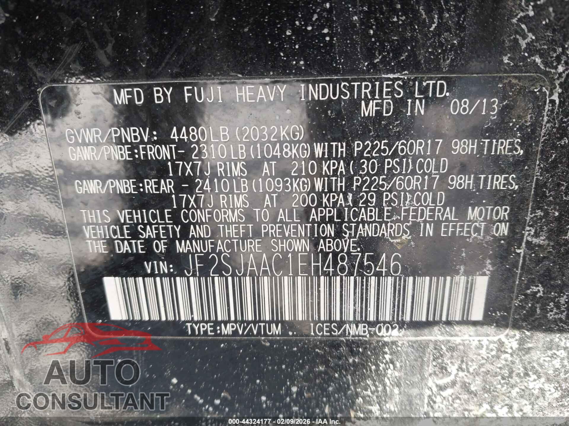SUBARU FORESTER 2014 - JF2SJAAC1EH487546