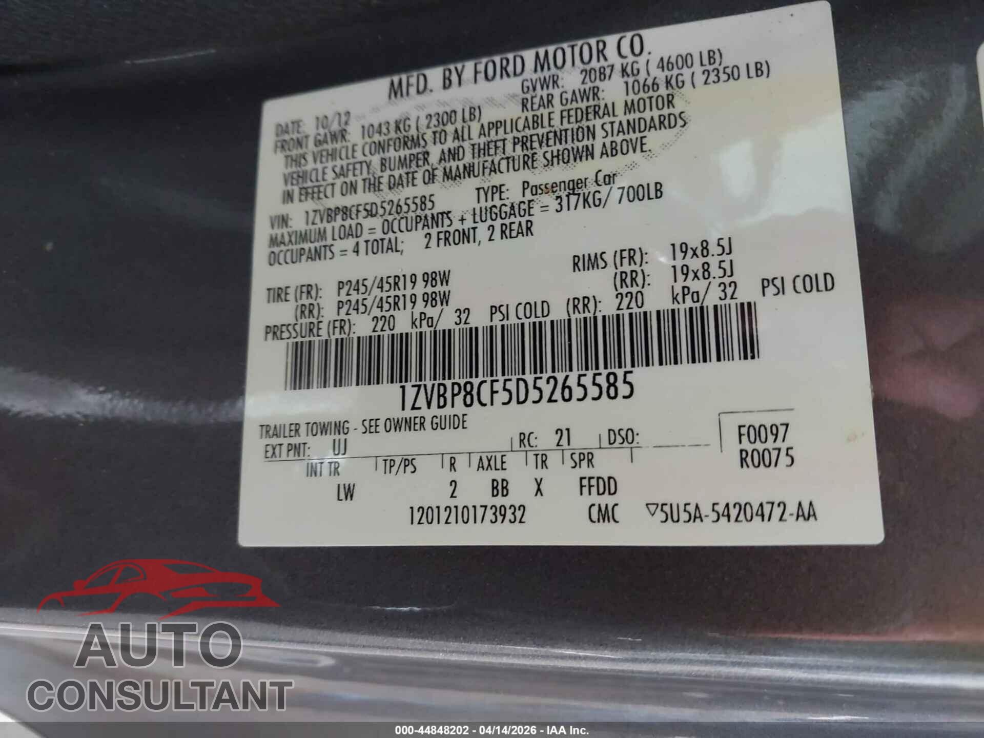 FORD MUSTANG 2013 - 1ZVBP8CF5D5265585