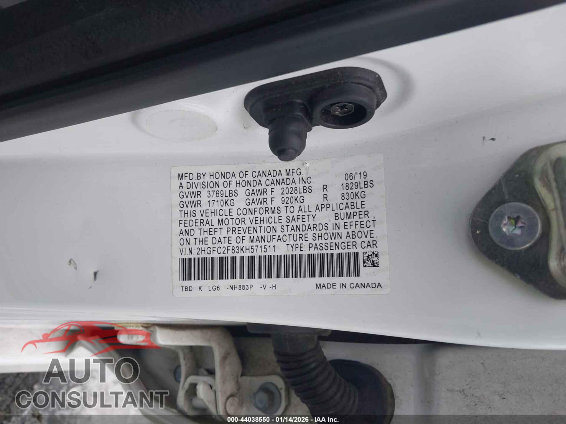 HONDA CIVIC 2019 - 2HGFC2F83KH571511