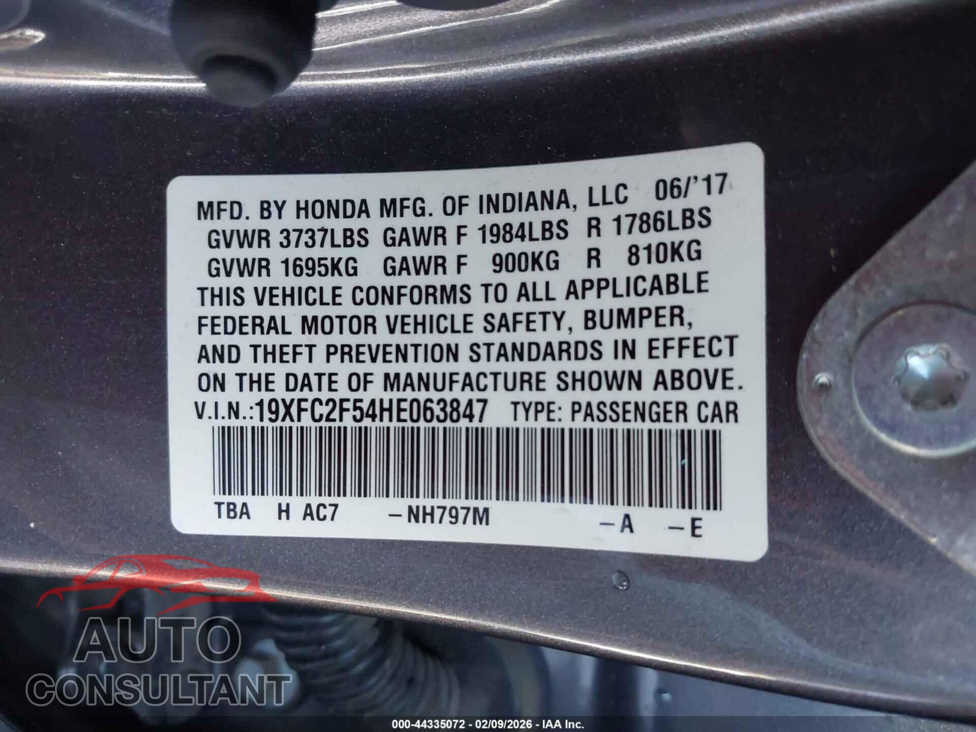HONDA CIVIC 2017 - 19XFC2F54HE063847