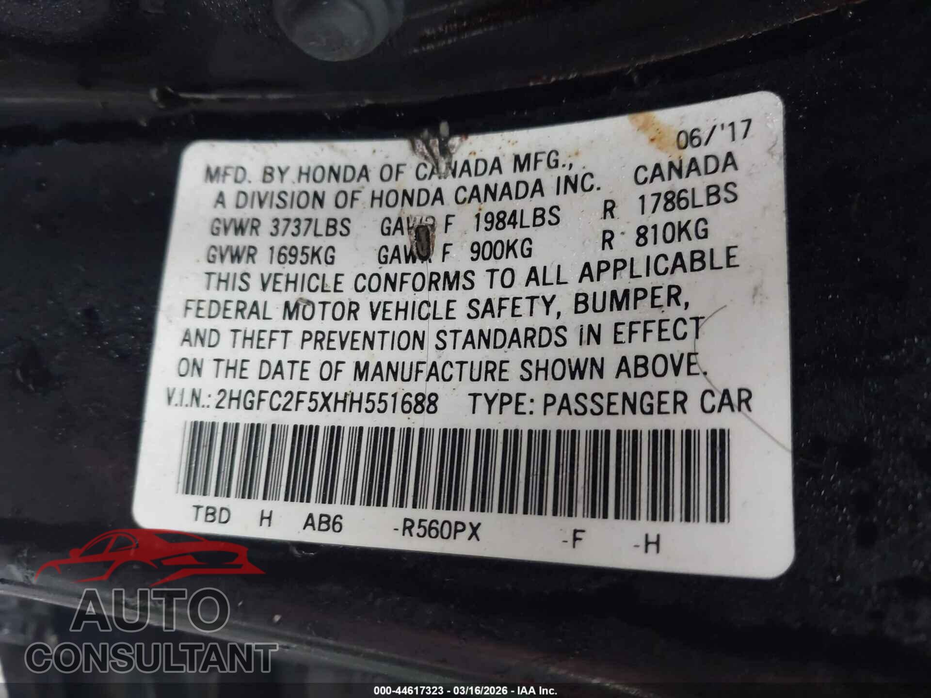 HONDA CIVIC 2017 - 2HGFC2F5XHH551688