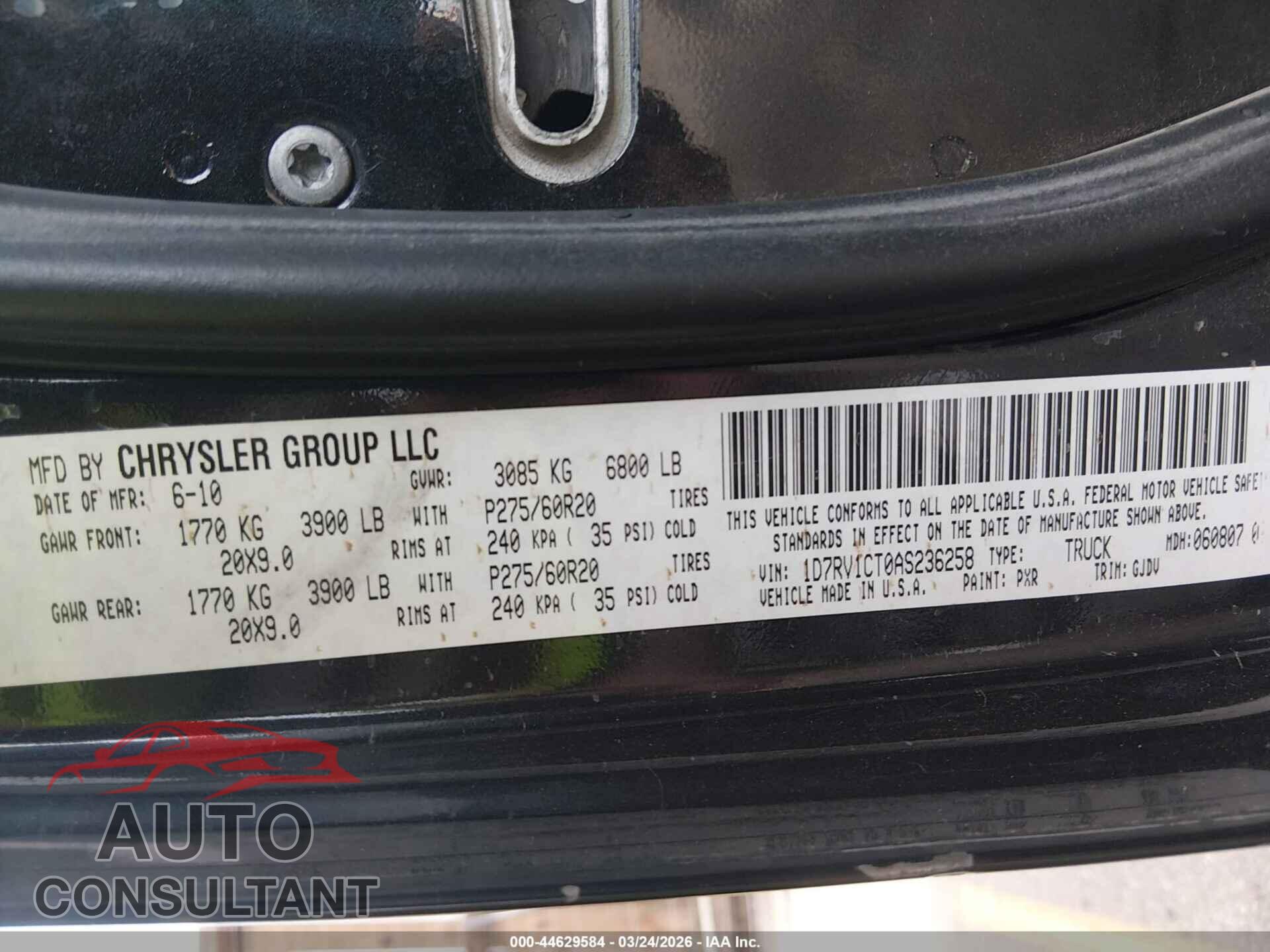 DODGE RAM 1500 2010 - 1D7RV1CT0AS236258