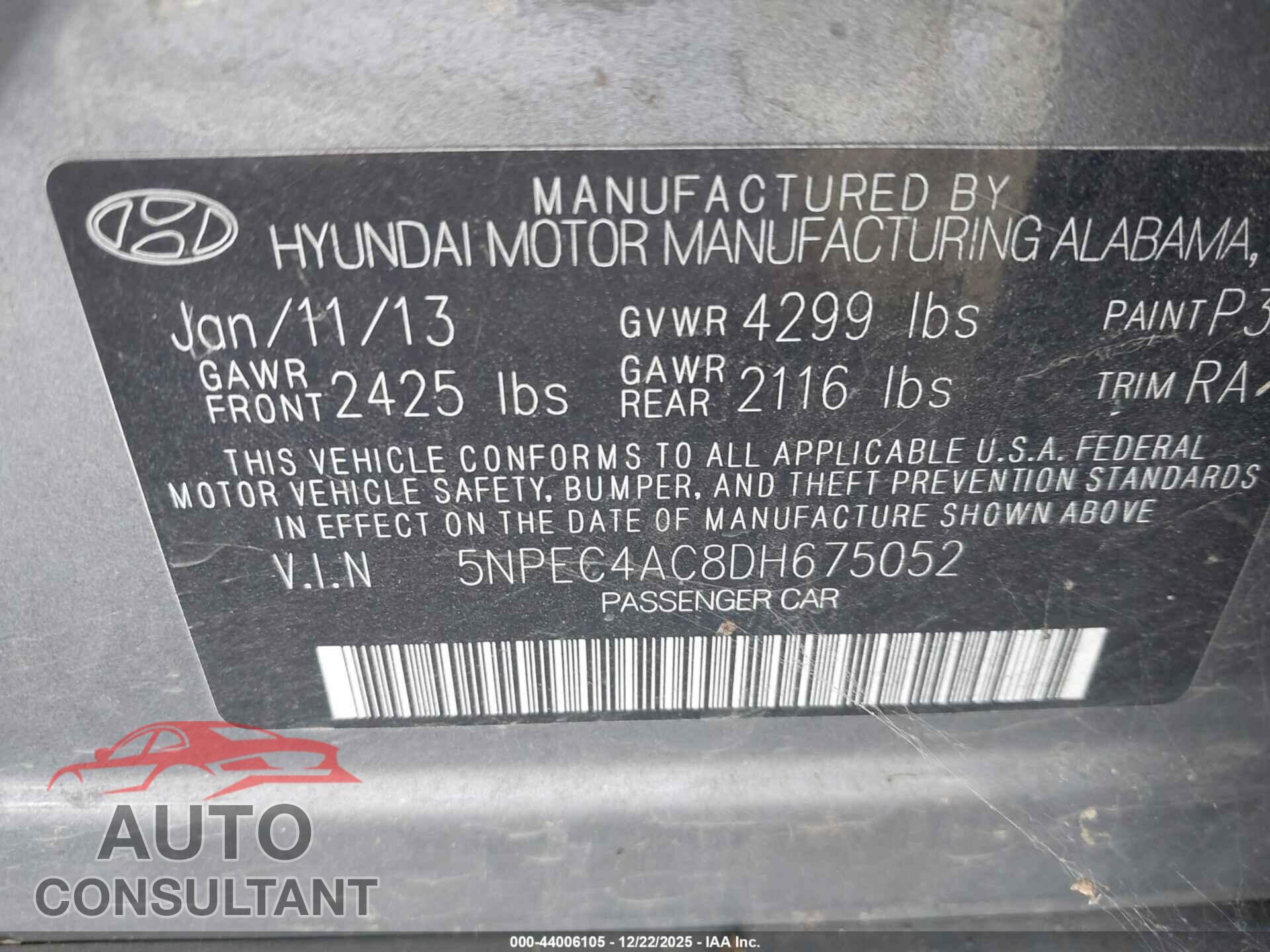 HYUNDAI SONATA 2013 - 5NPEC4AC8DH675052