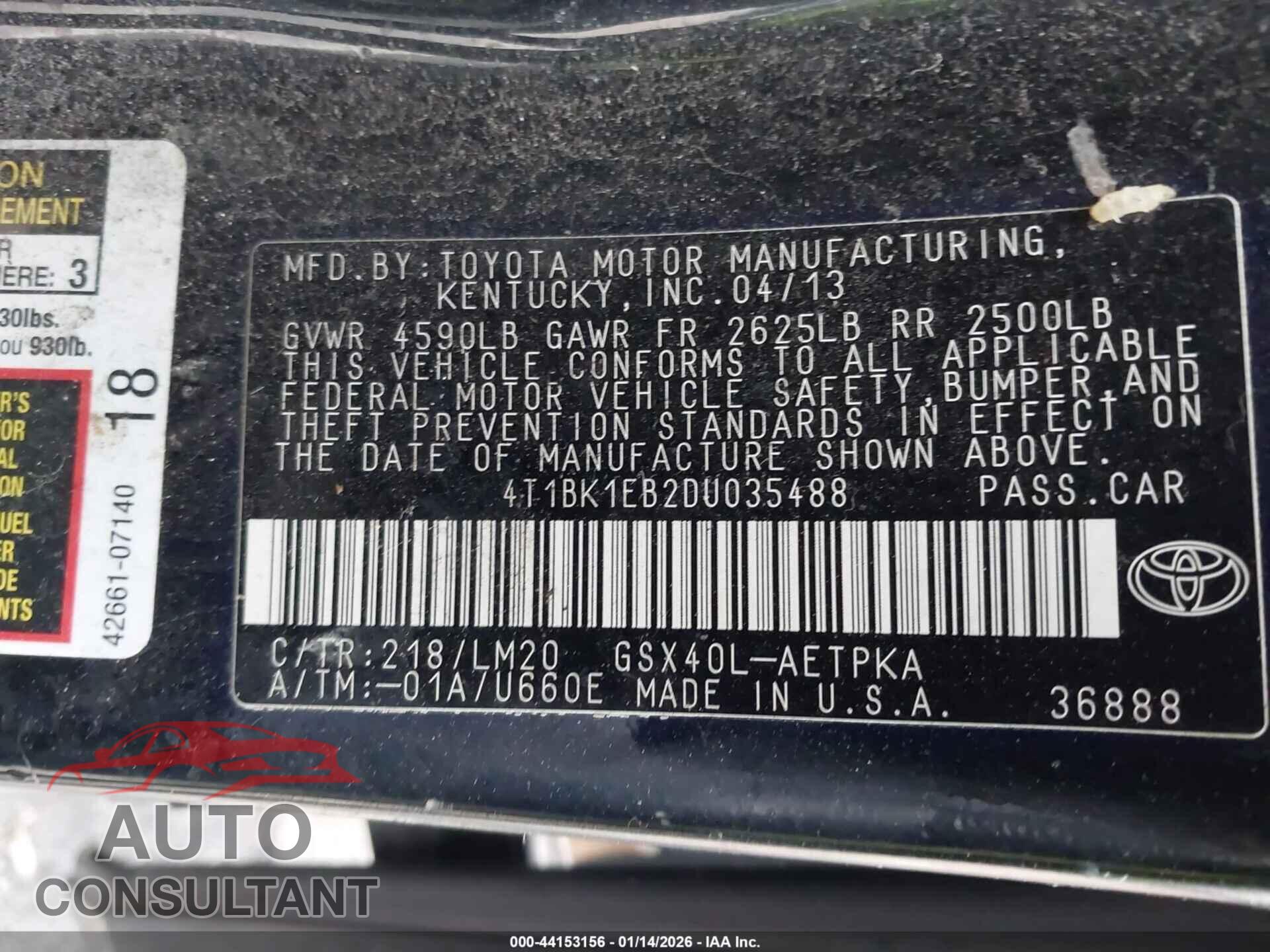 TOYOTA AVALON 2013 - 4T1BK1EB2DU035488