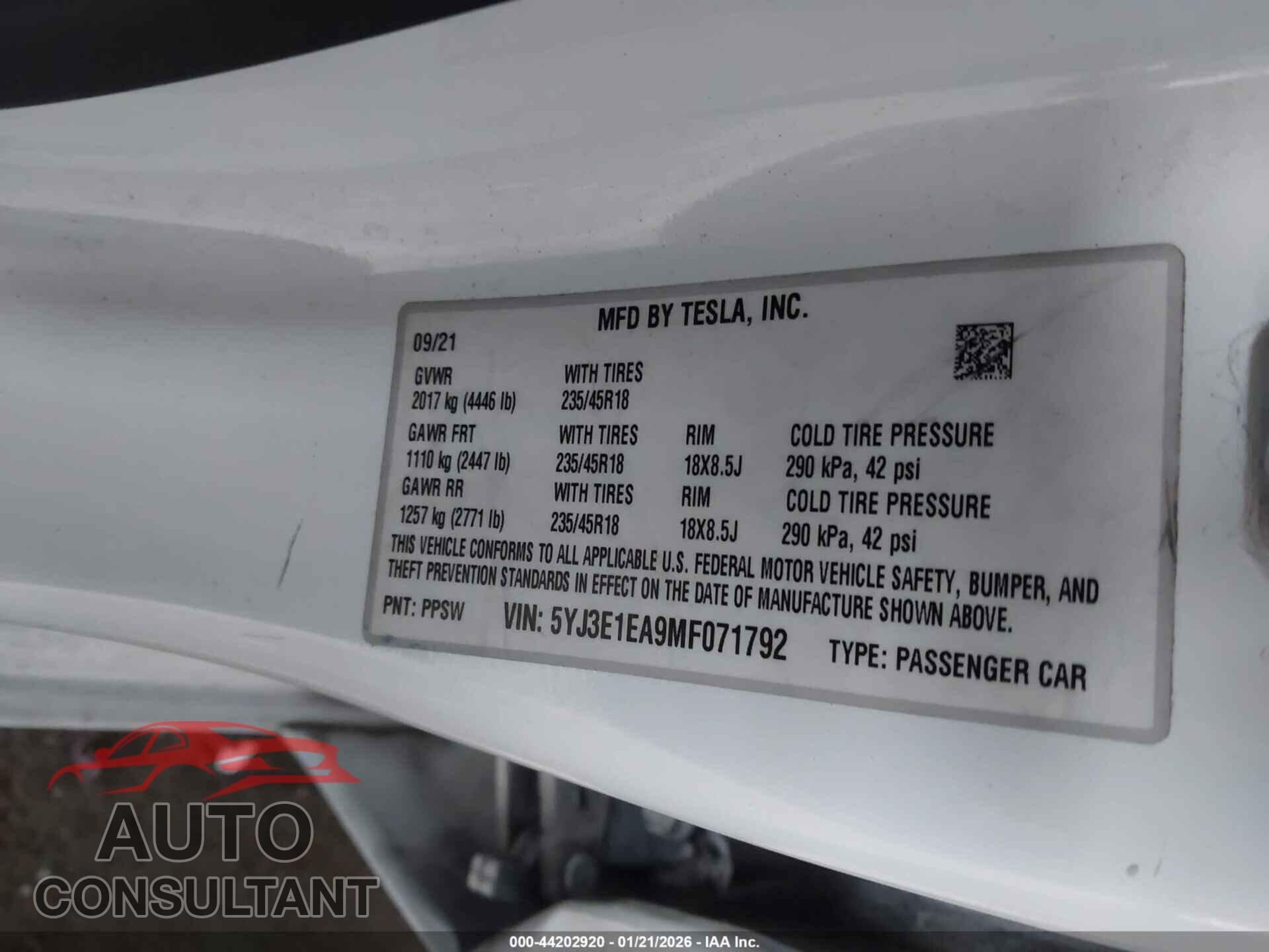 TESLA MODEL 3 2021 - 5YJ3E1EA9MF071792