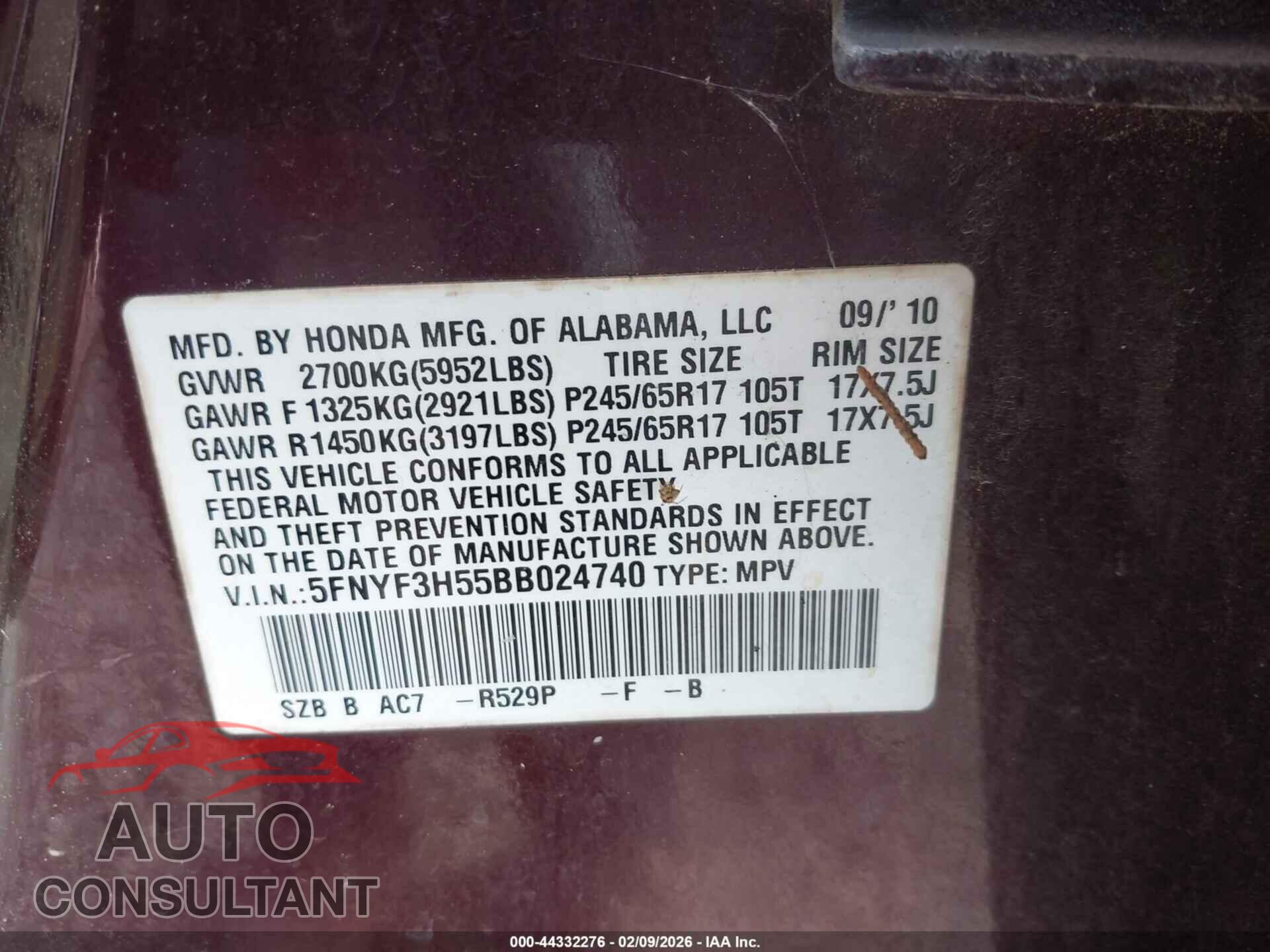 HONDA PILOT 2011 - 5FNYF3H55BB024740