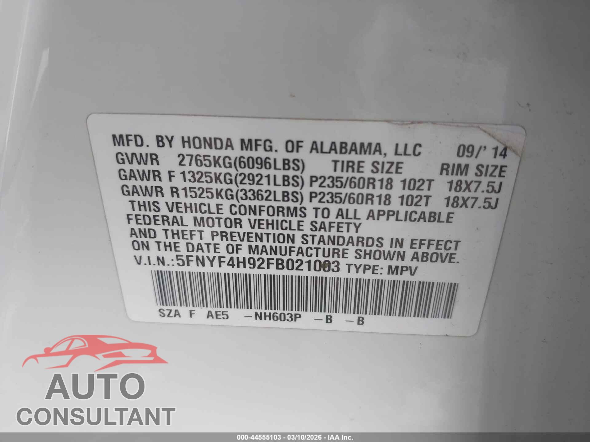 HONDA PILOT 2015 - 5FNYF4H92FB021003