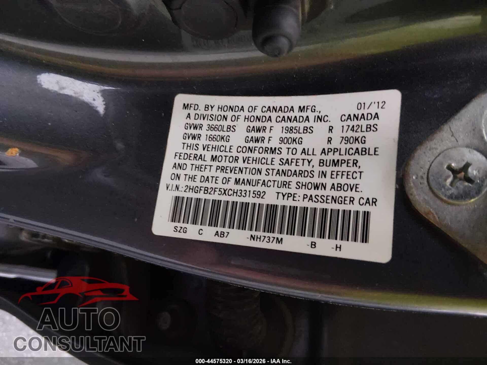 HONDA CIVIC 2012 - 2HGFB2F5XCH331592