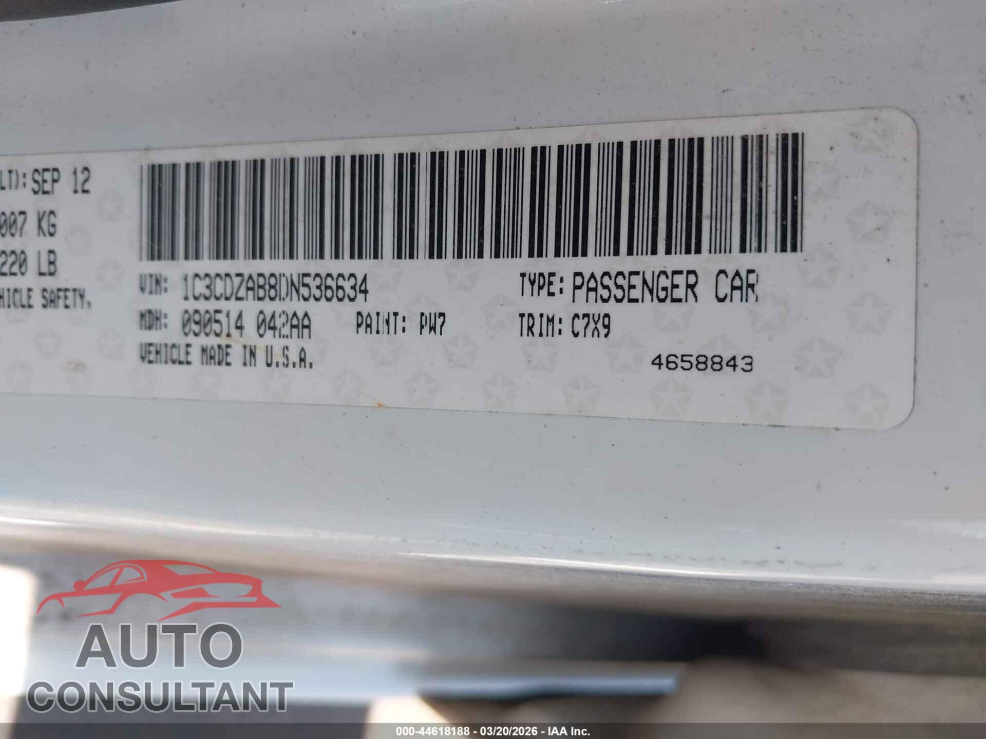 DODGE AVENGER 2013 - 1C3CDZAB8DN536634