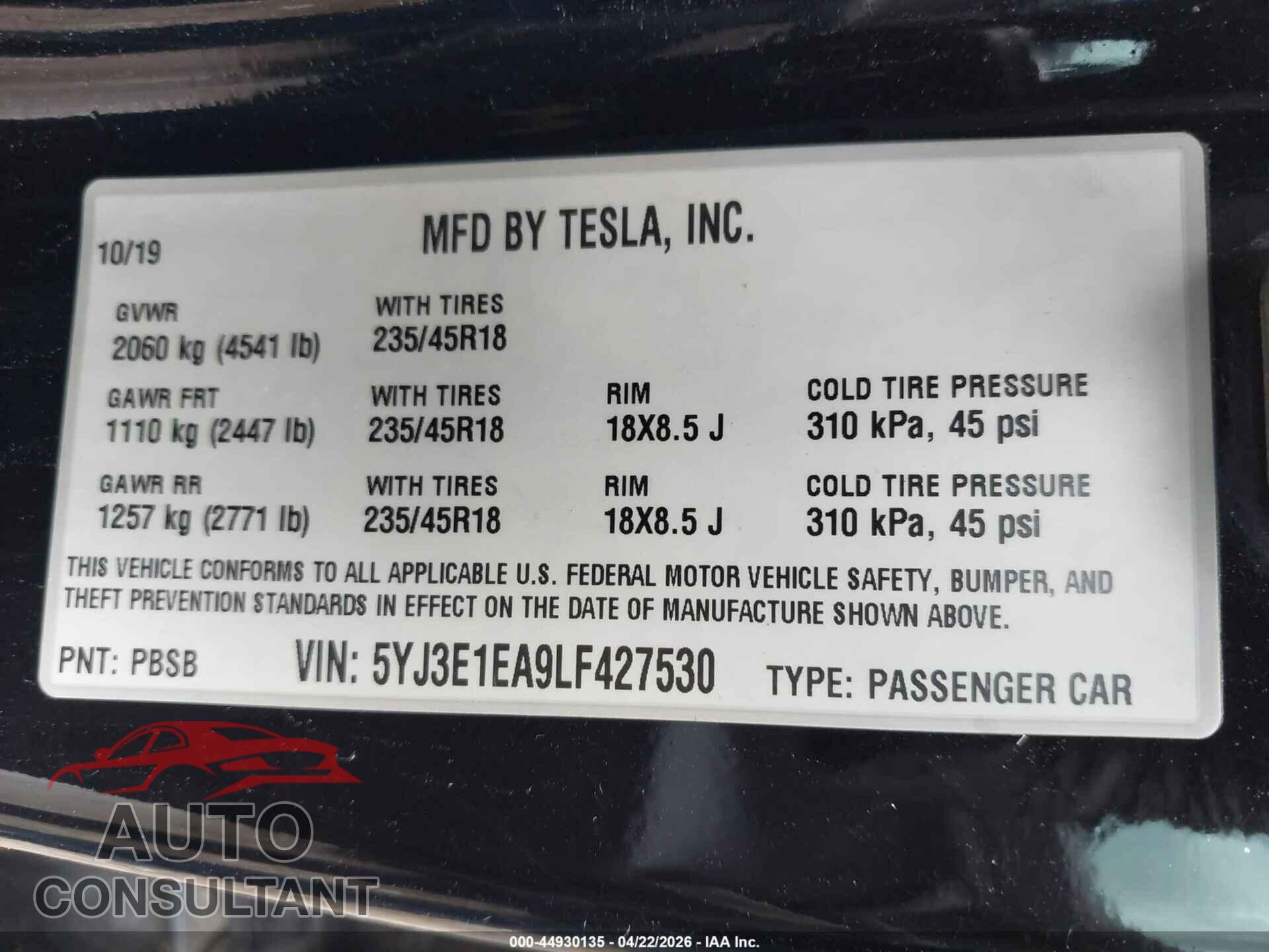 TESLA MODEL 3 2020 - 5YJ3E1EA9LF427530
