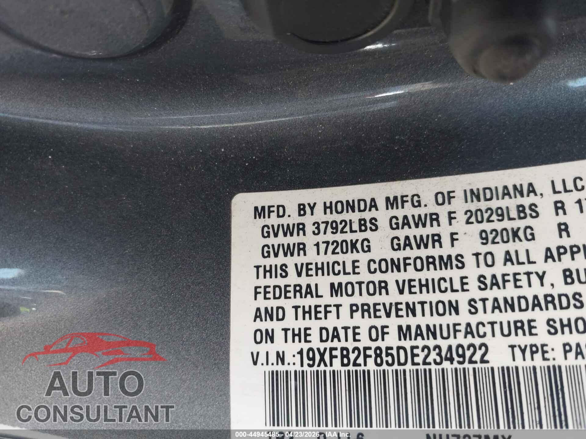 HONDA CIVIC 2013 - 19XFB2F85DE234922