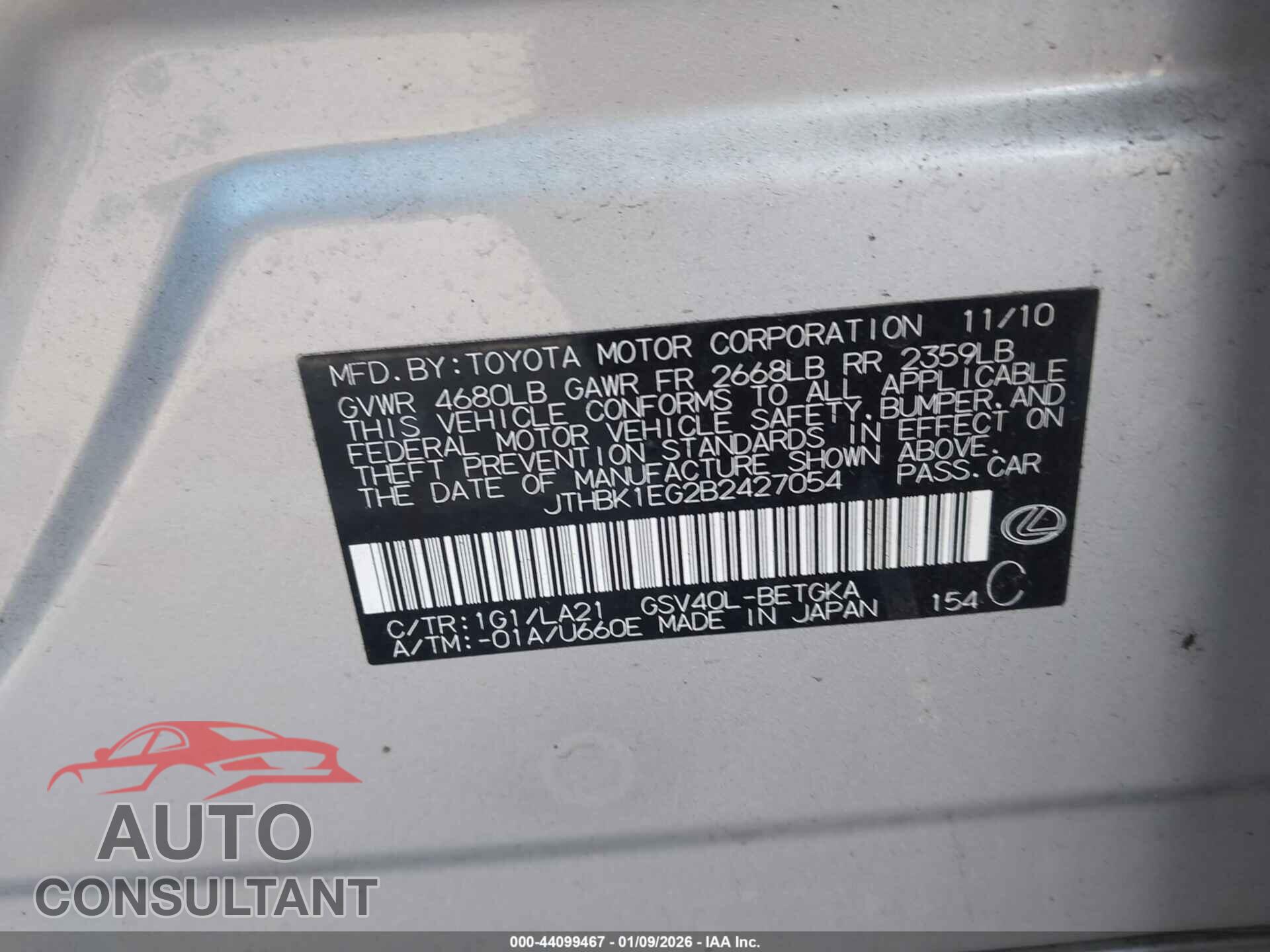 LEXUS ES 350 2011 - JTHBK1EG2B2427054