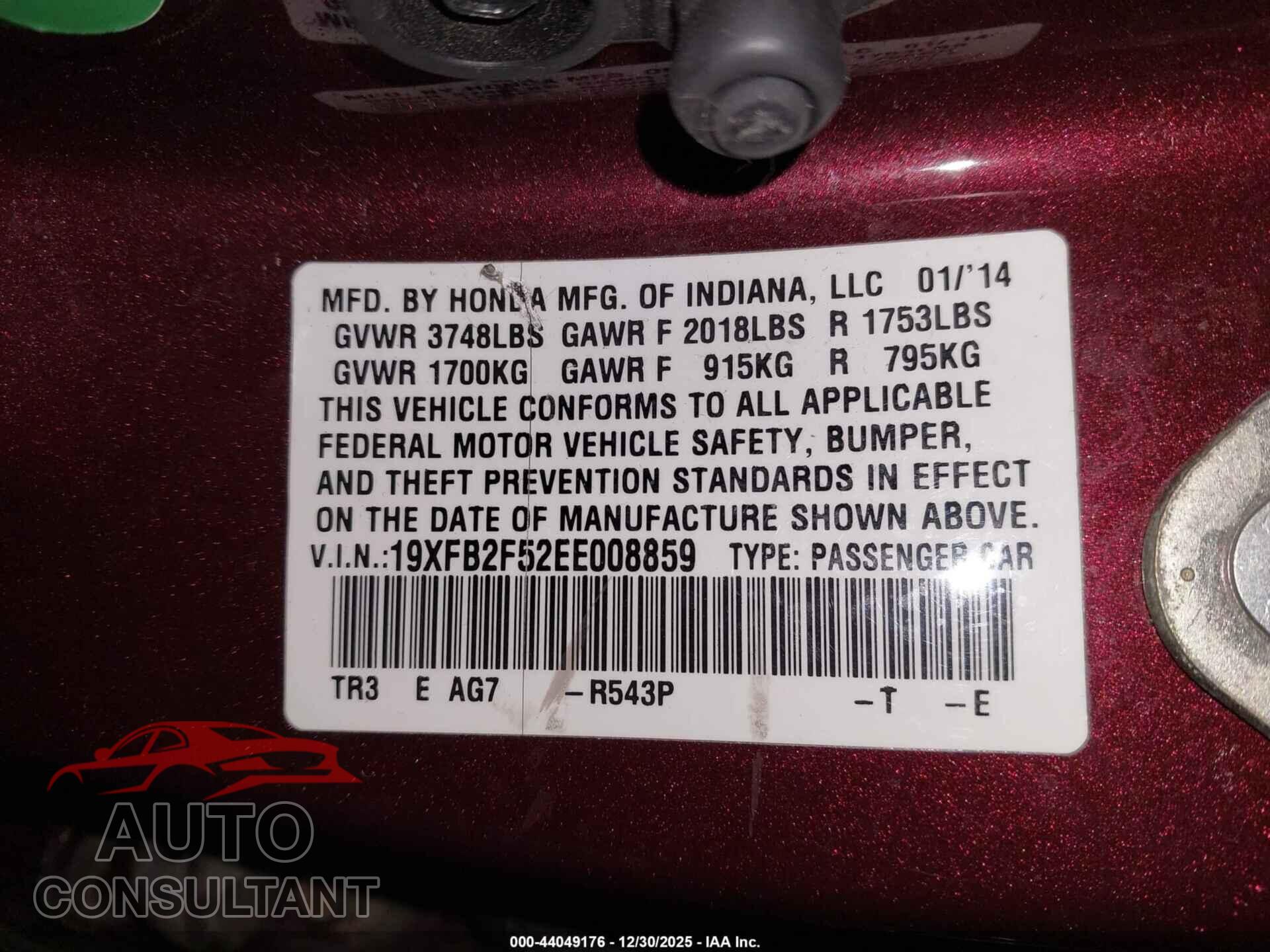 HONDA CIVIC 2014 - 19XFB2F52EE008859