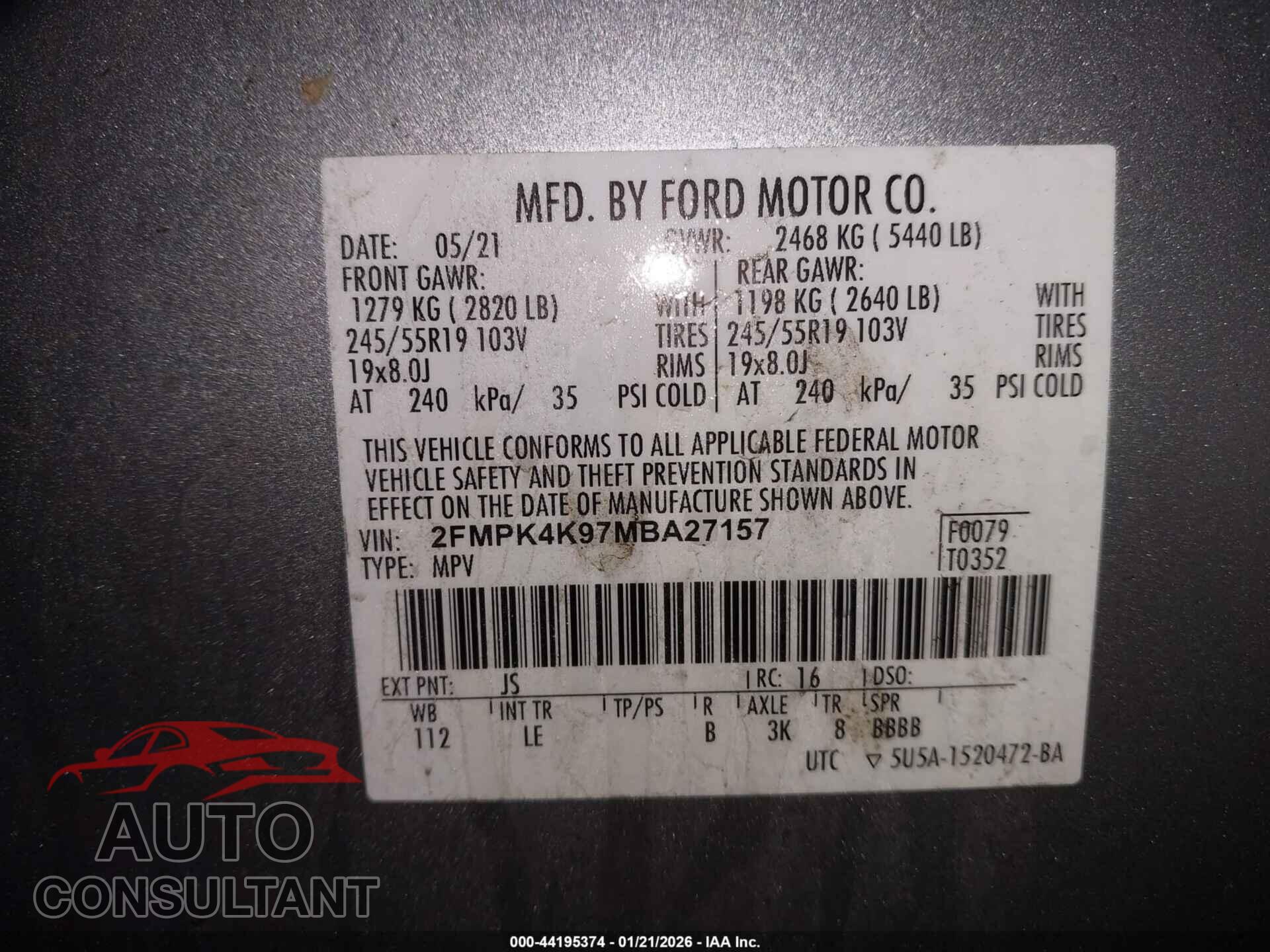 FORD EDGE 2021 - 2FMPK4K97MBA27157