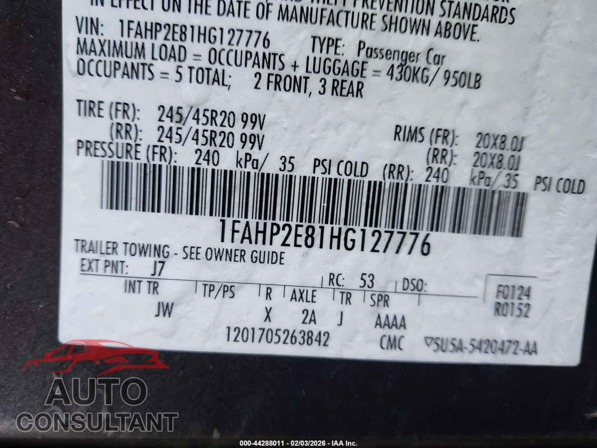 FORD TAURUS 2017 - 1FAHP2E81HG127776