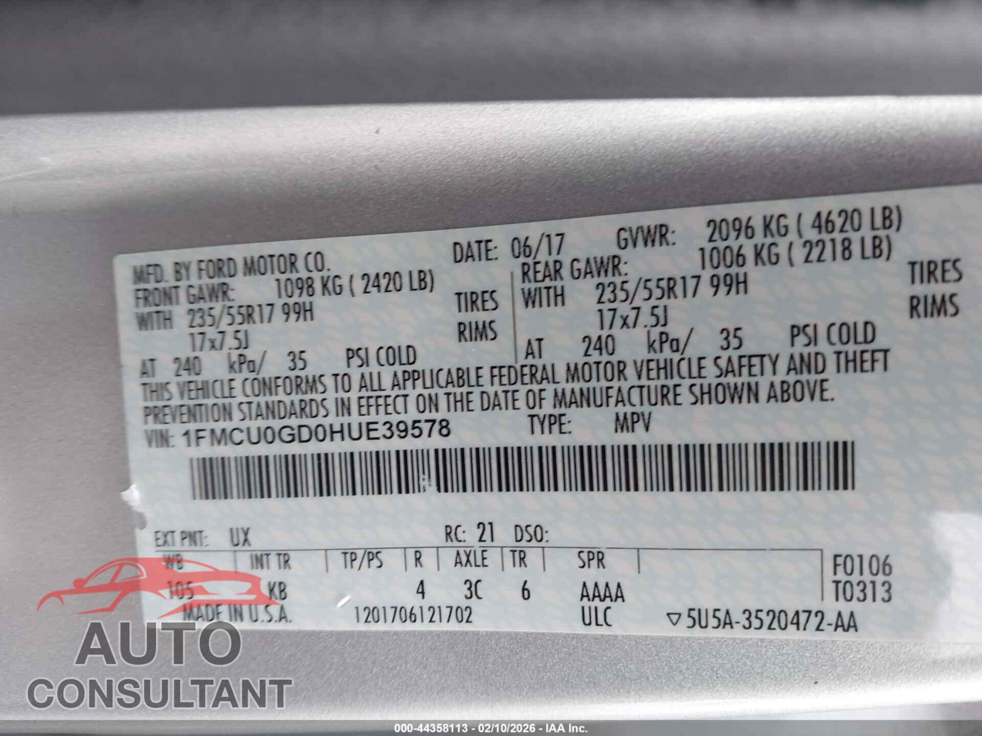 FORD ESCAPE 2017 - 1FMCU0GD0HUE39578