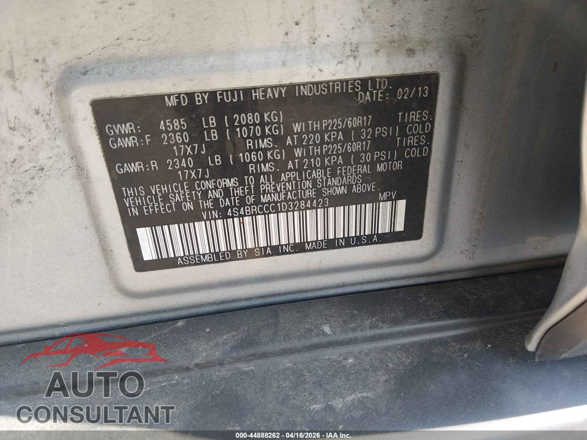 SUBARU OUTBACK 2013 - 4S4BRCCC1D3284423