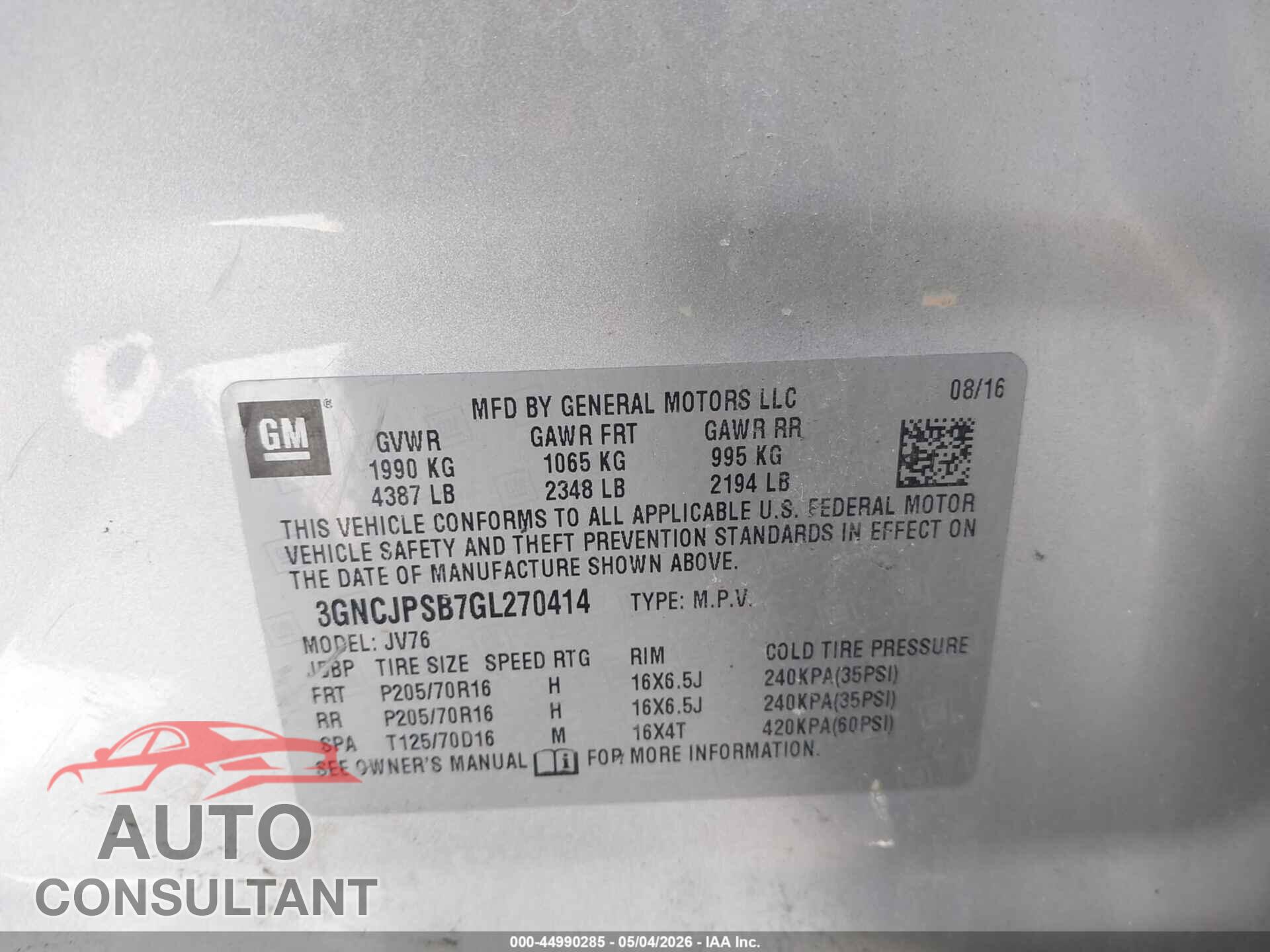 CHEVROLET TRAX 2016 - 3GNCJPSB7GL270414