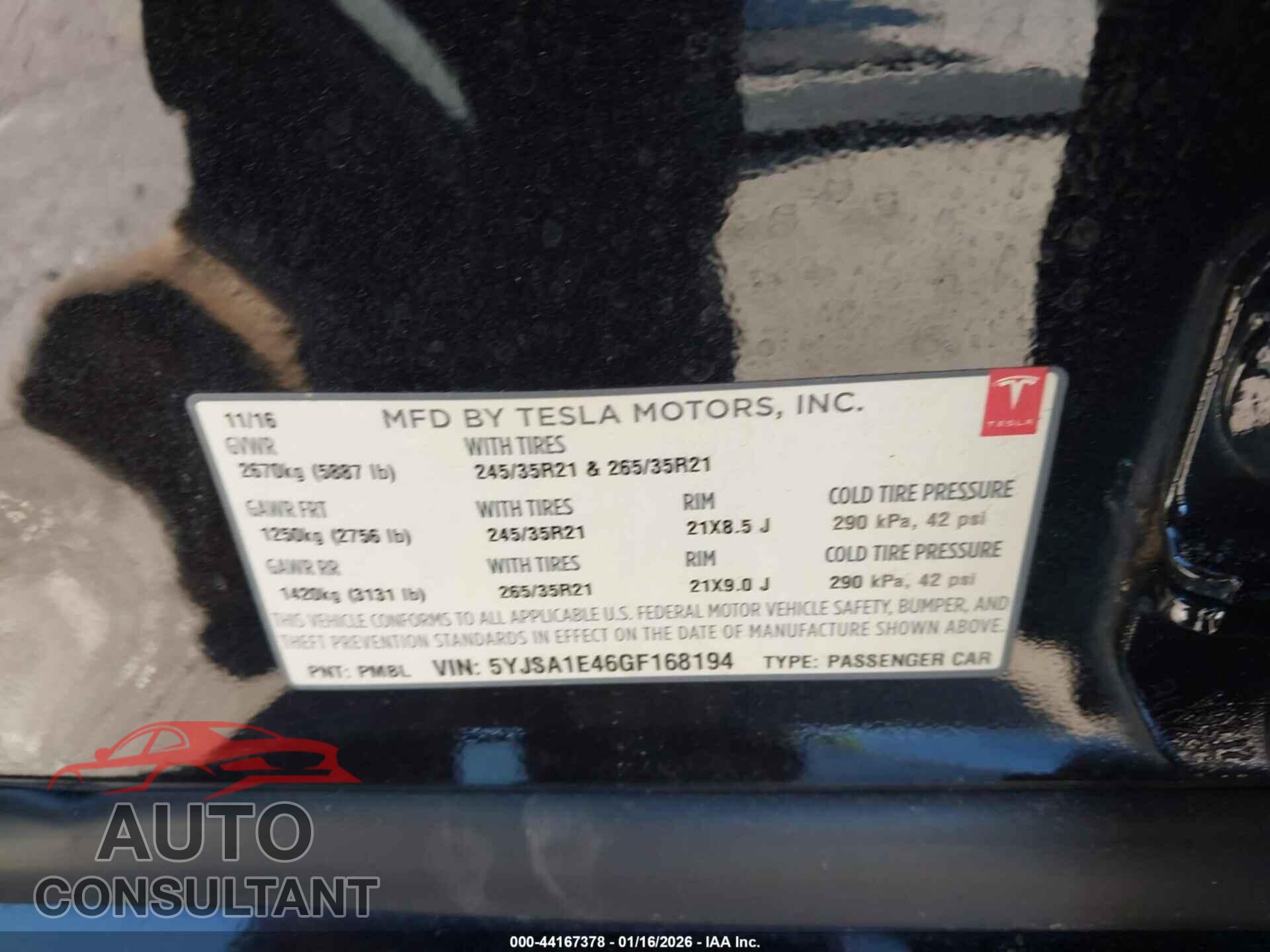 TESLA MODEL S 2016 - 5YJSA1E46GF168194