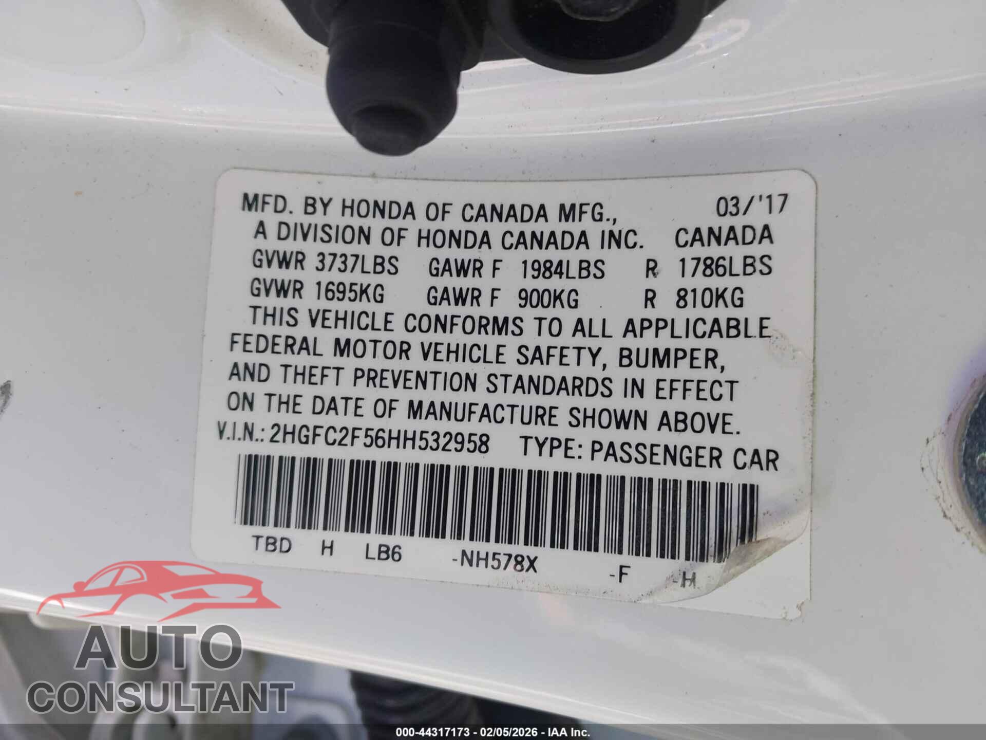 HONDA CIVIC 2017 - 2HGFC2F56HH532958