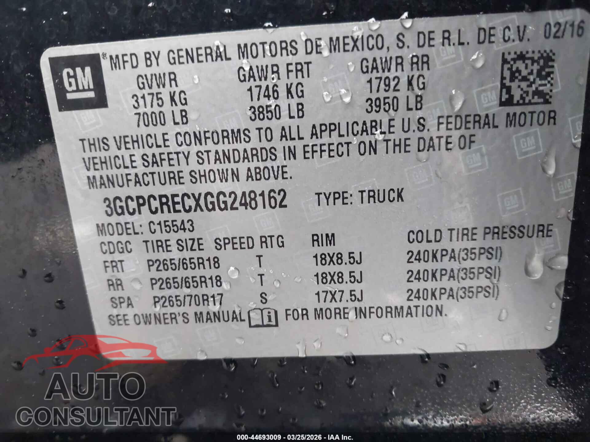 CHEVROLET SILVERADO 1500 2016 - 3GCPCRECXGG248162