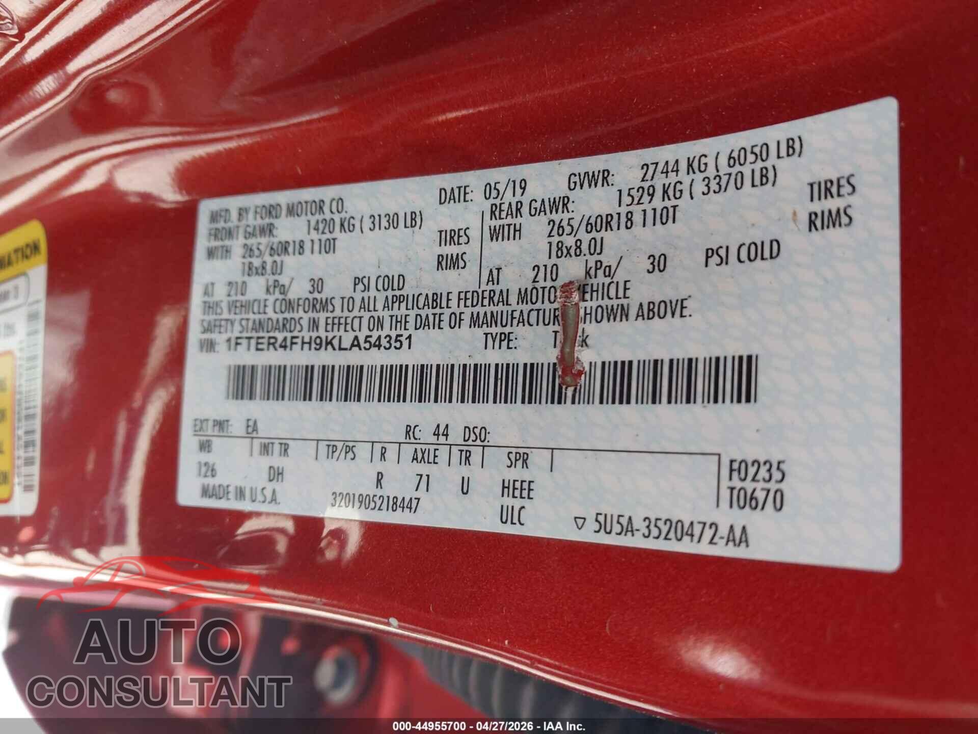 FORD RANGER 2019 - 1FTER4FH9KLA54351