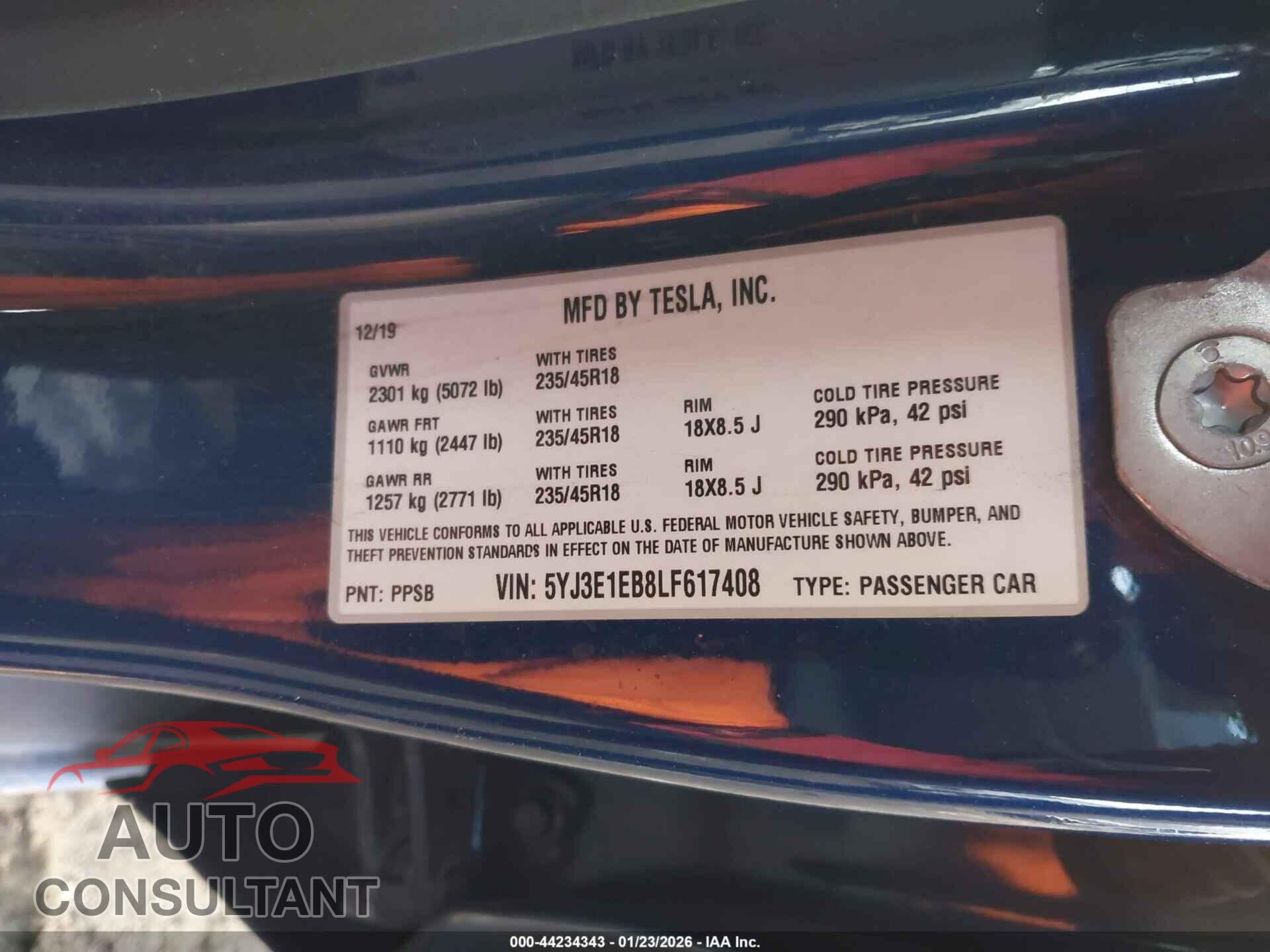 TESLA MODEL 3 2020 - 5YJ3E1EB8LF617408