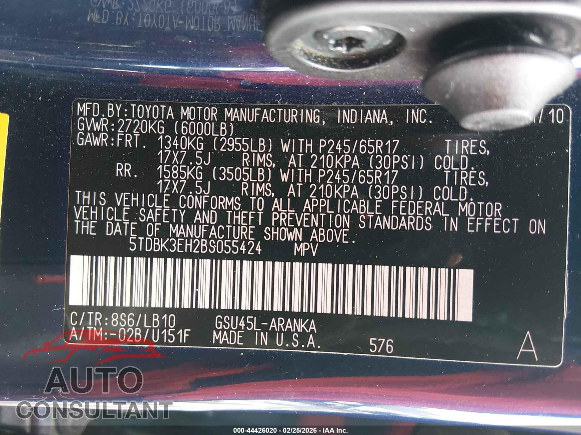 TOYOTA HIGHLANDER 2011 - 5TDBK3EH2BS055424